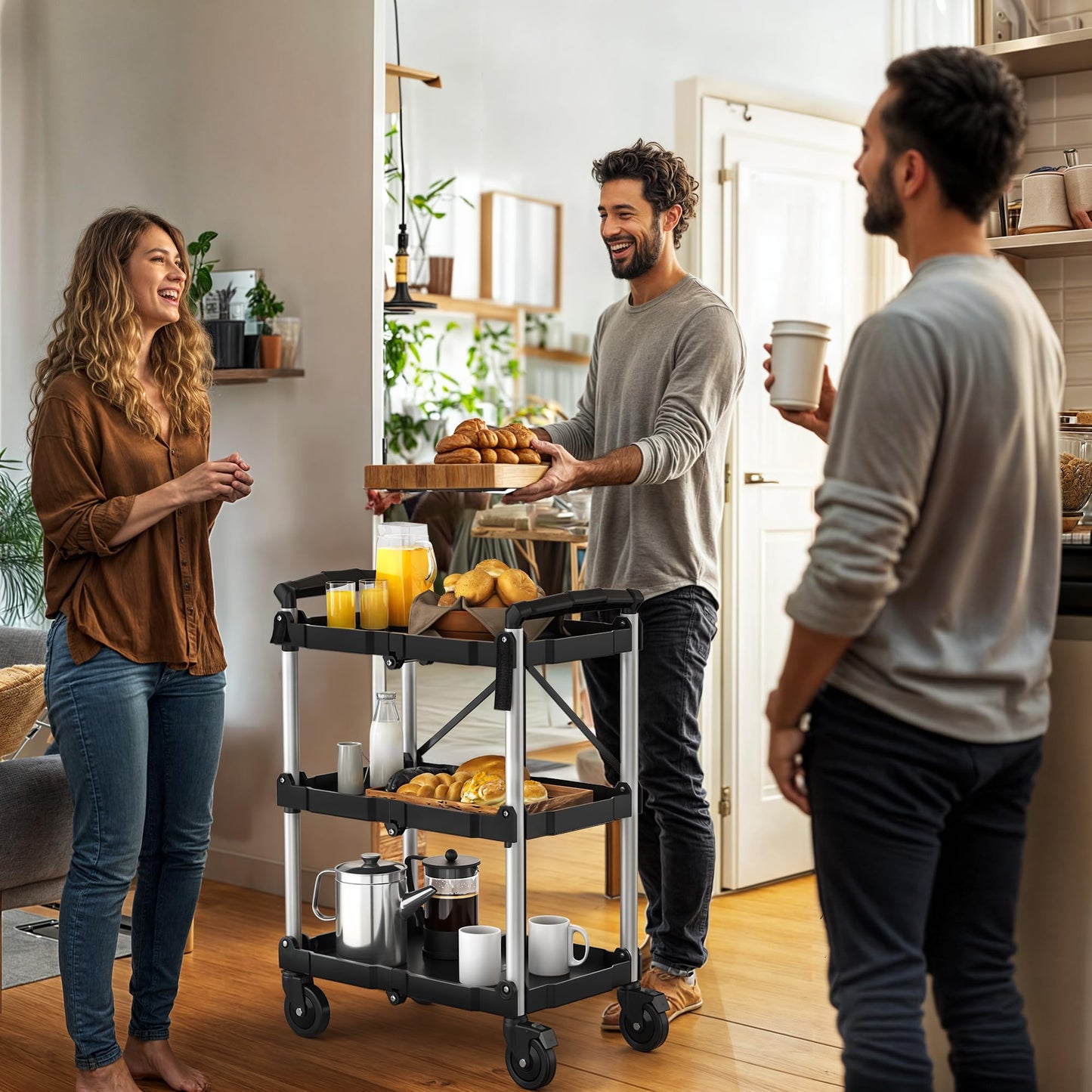 DWVO 3-Tier Folding Utility Cart, Foldable Service Cart Heavy Duty Collapsible Rolling Cart with 360° Swivel Wheels and Brake, 240LBS Load Capacity Portable Utility Cart for Kitchen, Warehouse, Garage