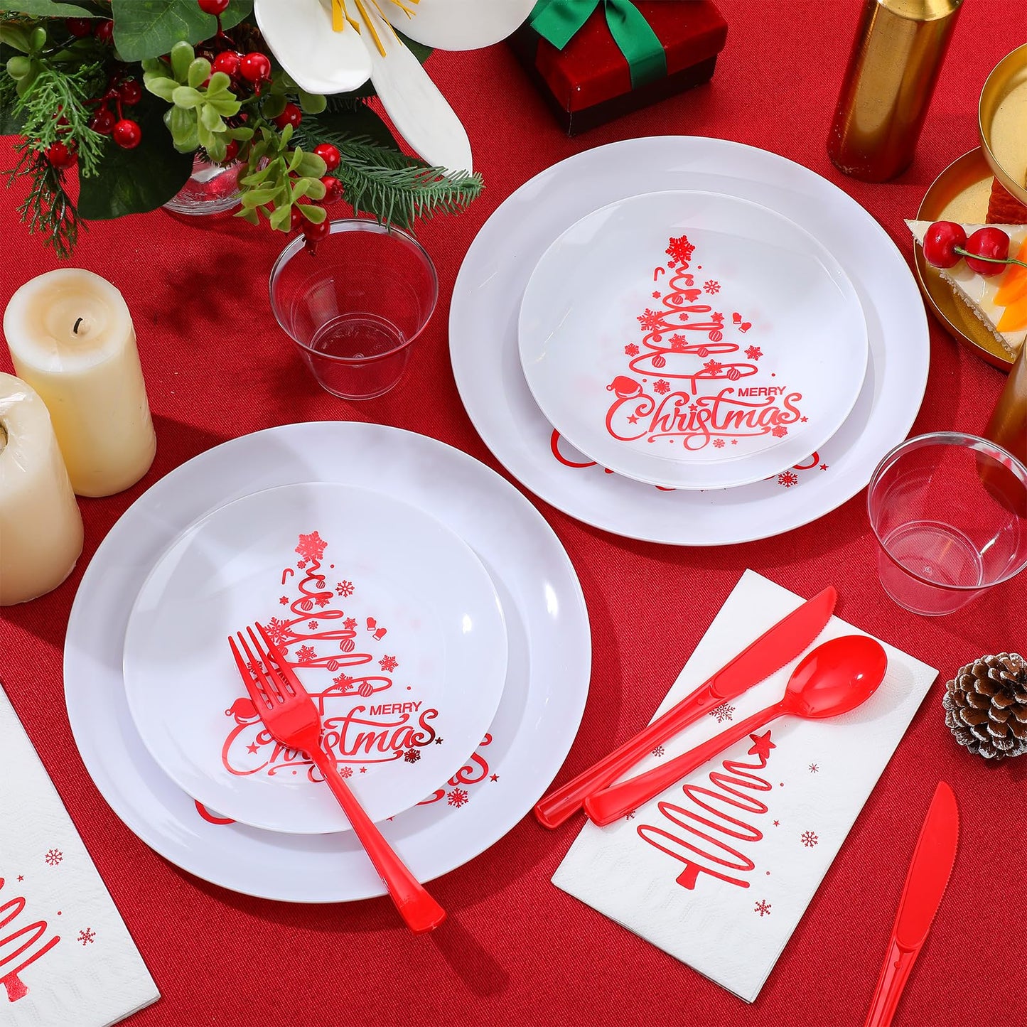 Shellwei Christmas Plastic Dinnerware Set, Xmas Disposable Plates Includes 40 Dinner Plates 40 Cup 40 Dessert Plate 40 Paper Napkins 40 Forks Knives Spoons Supplies for Christmas(Red White,Xmas Tree)