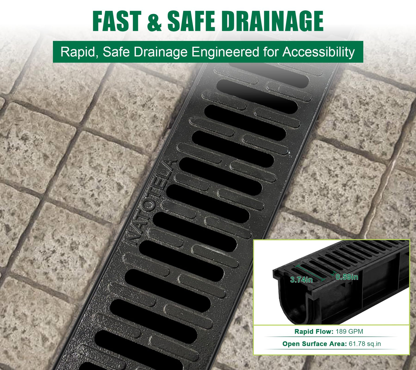 Natotela B Class Driveway Channel Drain with Ductile Iron Grate-39.4Lx6.1Wx5.5H in. Deep Profile Trench Drain System,3 Pack Total Length 118.2in,Heavy Duty Drainage System for Garage,Parking Lot