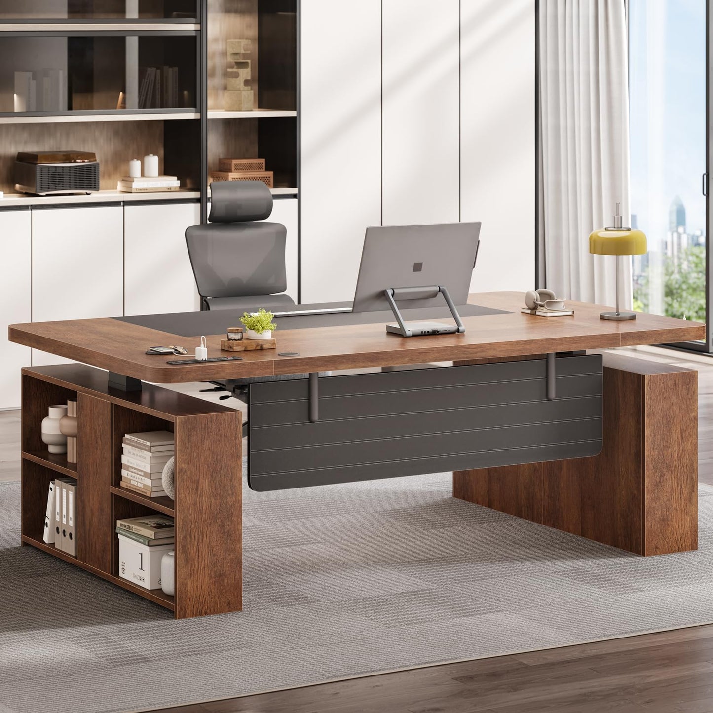 SEDETA 63" Executive Standing Desk with Storage, Executive Height Adjustable Desk with Power Outlets, Large Computer Office Desk with Privacy Panel for Home Office, Warm Golden Brown