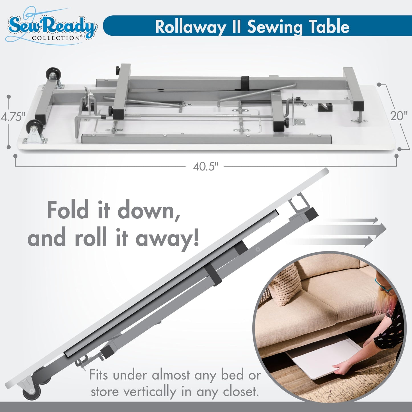 Rollaway II Compact Portable Folding Sewing Table, Silver/White