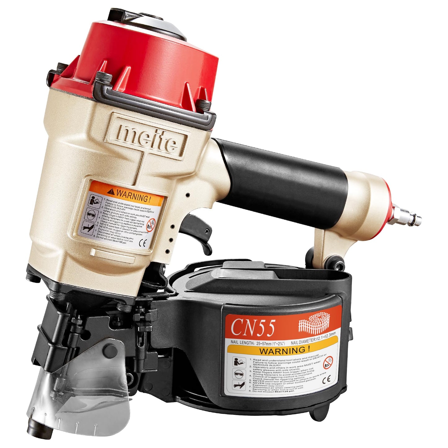 meite CN55 Coil Nailer Pneumatic Nail Gun 15 degree 1" to 2-1/4" Coil Nails, Heavy Duty Air Coil Nailer with Coil Nail Magazine 300PCS for Hardwood Projects Pallets Framing Sheathing