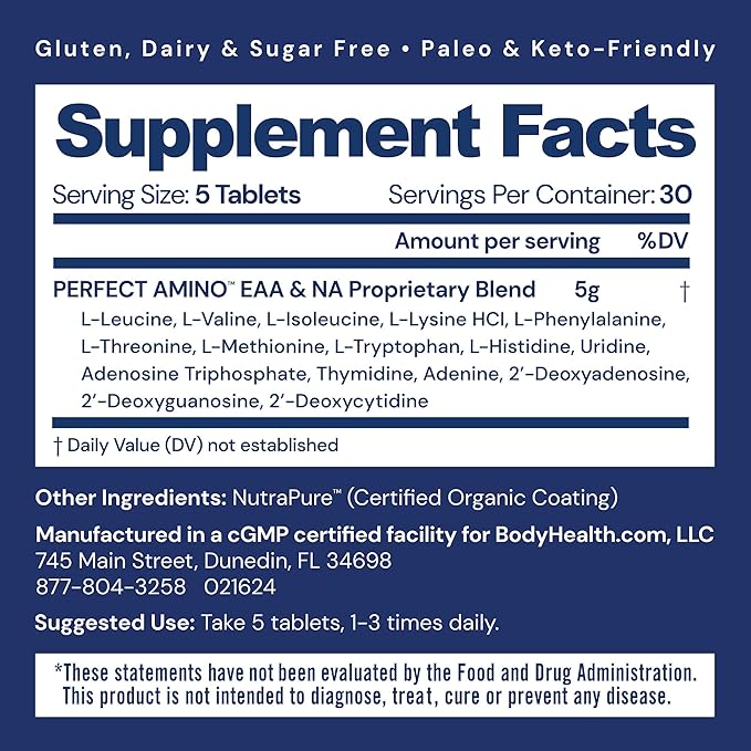 BodyHealth PerfectAmino (150 ct) Easy to Swallow Tablets, Essential Amino Acids Supplement with BCAAs, Vegan Protein for Pre/Post Workout & Muscle Recovery with Lysine, Tryptophan, Leucine, Methionine