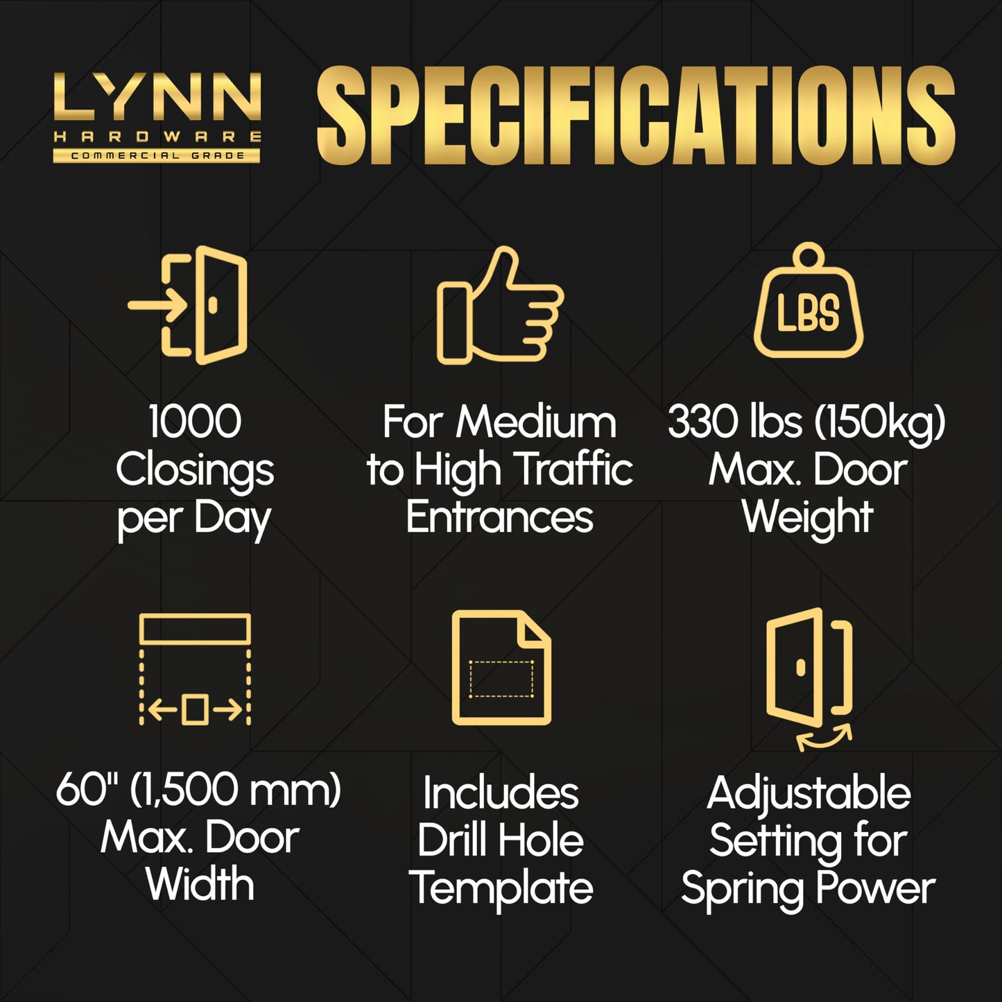 LYNN HARDWARE Medium/Heavy Duty Automatic Door Closer (Silver) - Commercial Grade, Contractors Choice, Adjustable Speed & Force, 3 Mounting Options, 3 Hour Fire Rated (DC7016 Model)