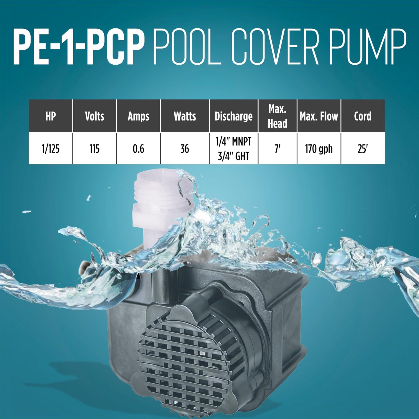 Little Giant PE-1-PCP 115 Volt, 1/125 HP, 170 GPH Manual Pool Cover Pump with 25 Foot Power Cord, Black, 518025