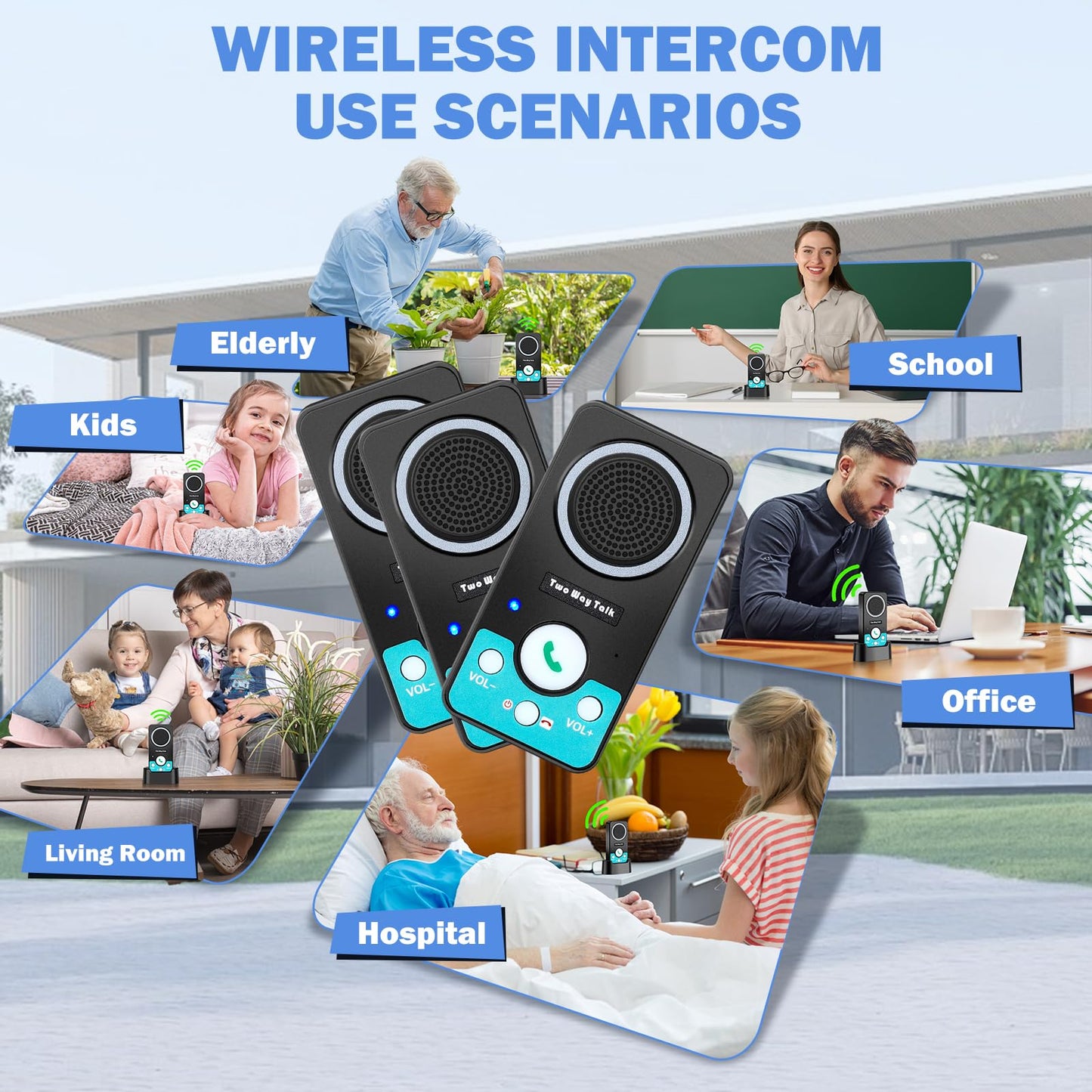 UHAXZ Intercoms Wireless for Home, Hands-Free Wireless Intercom, Long Range, 8 Volume Levels, 4 Chime Full Duplex 2 Way Intercoms System for House, Business(3 Intercoms Black)