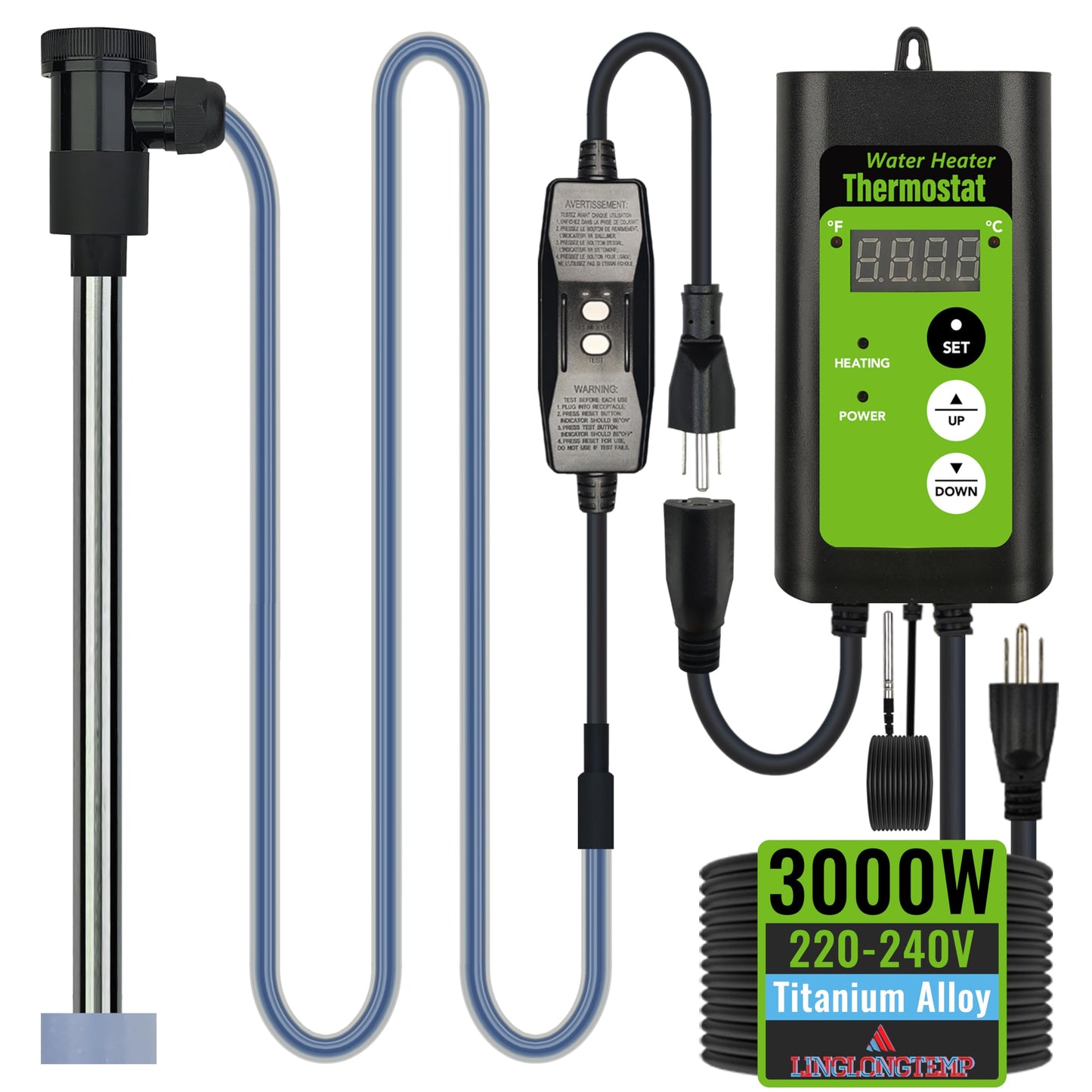 LINGLONGTEMP 240V 3000W Titanium Submersible, Immersion Hot Tub & Swimming Pool Electric Immersion Water Heater, with Temp Control & GFCI for Baptistry, Above Ground Pool, Bathtub & Inflatable Pool