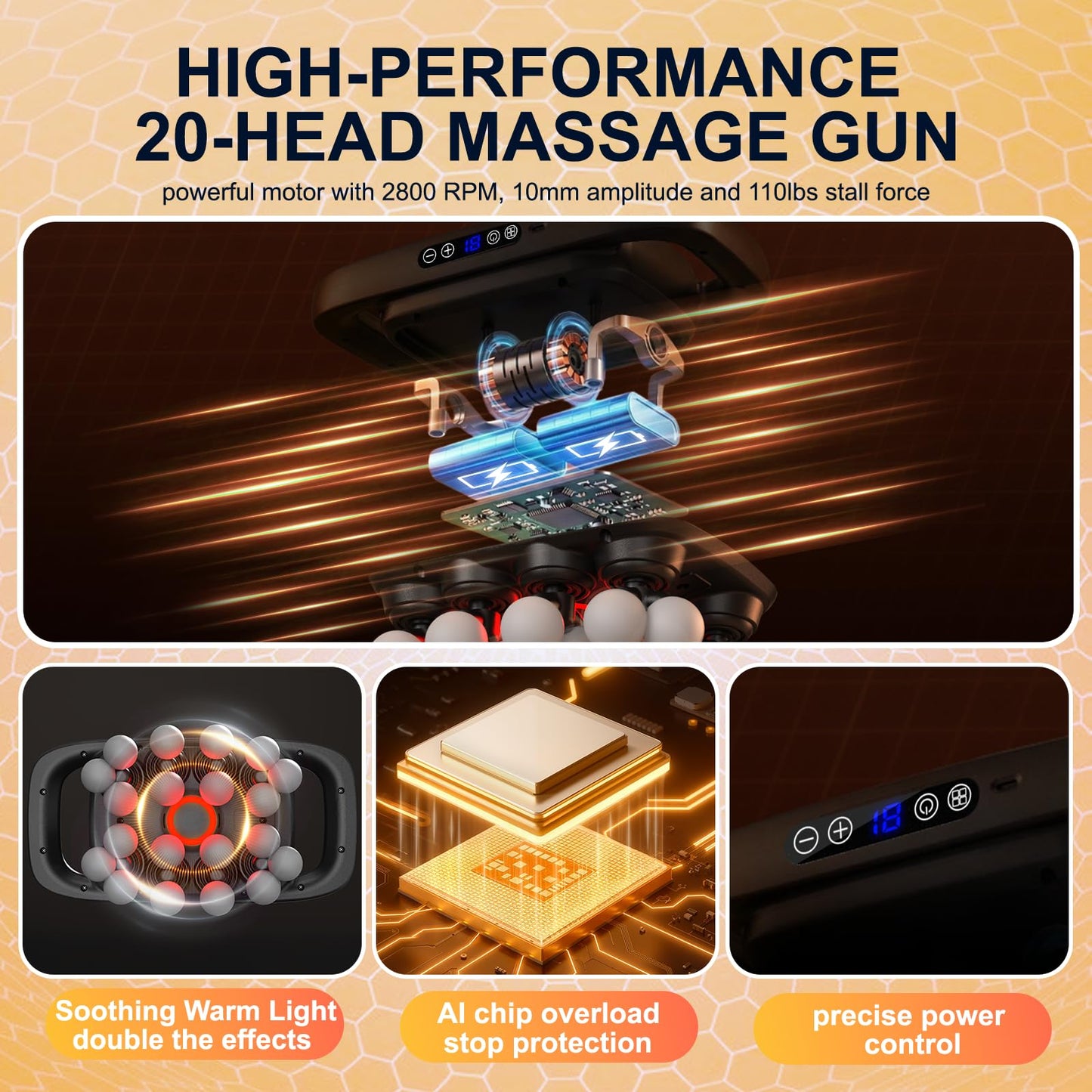 Mekanic 20-Head Massage Gun Deep Tissue with Soothing Warmth, 3 Modes & 30 Intensities, Quiet Multi-Head Back Massager for Pain Relief, Electric Percussion Muscle Massager for Neck, Shoulders,and Legs