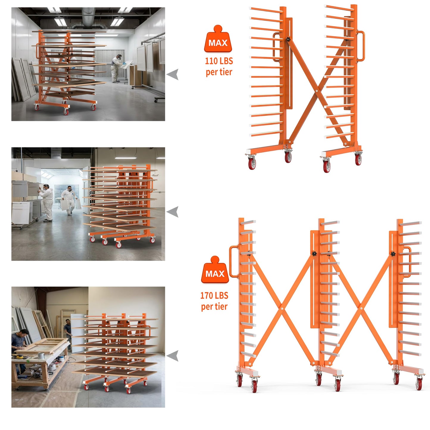 Vazcor Paint Drying Rack for Cabinet Doors, 15-Level Heavy Duty Rolling Paint Rack, Expandable Woodworking Drying Rack for Trim & Panels, Reinforced 2.0mm Steel Frame with 5" Casters