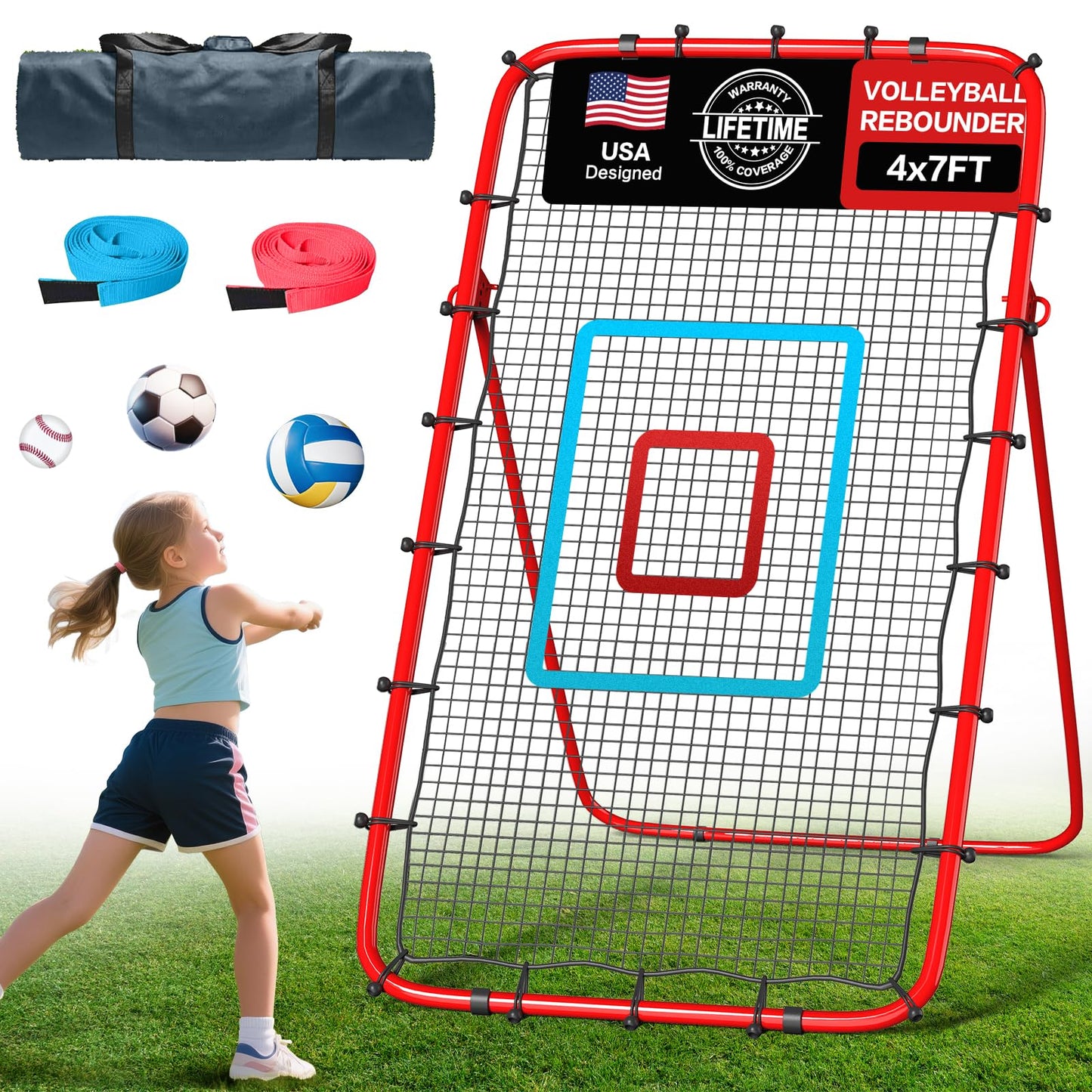 Volleyball Rebounder Net 7x4 Ft, 5-Angle Adjustable Rebounder Net for Practicing Digging, Setting, Spiking, Bounce Back Training Equipment with 2 Target Stripes & Portable Travel Bag for Storage