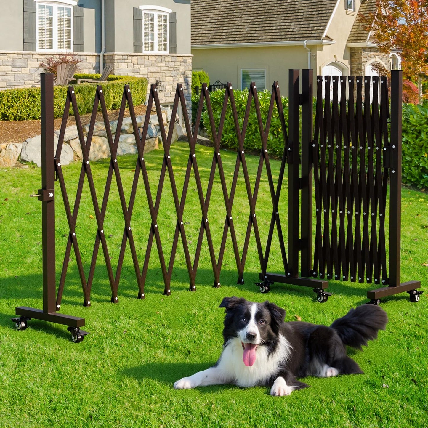 THEYFIRST Expandable Driveway Gate with Casters, Portable Metal Folding Security Gate, 209" Wide Aluminum Garden Fence, Outdoor Dog Fence for Yard in Coffee, 39.76 * 213