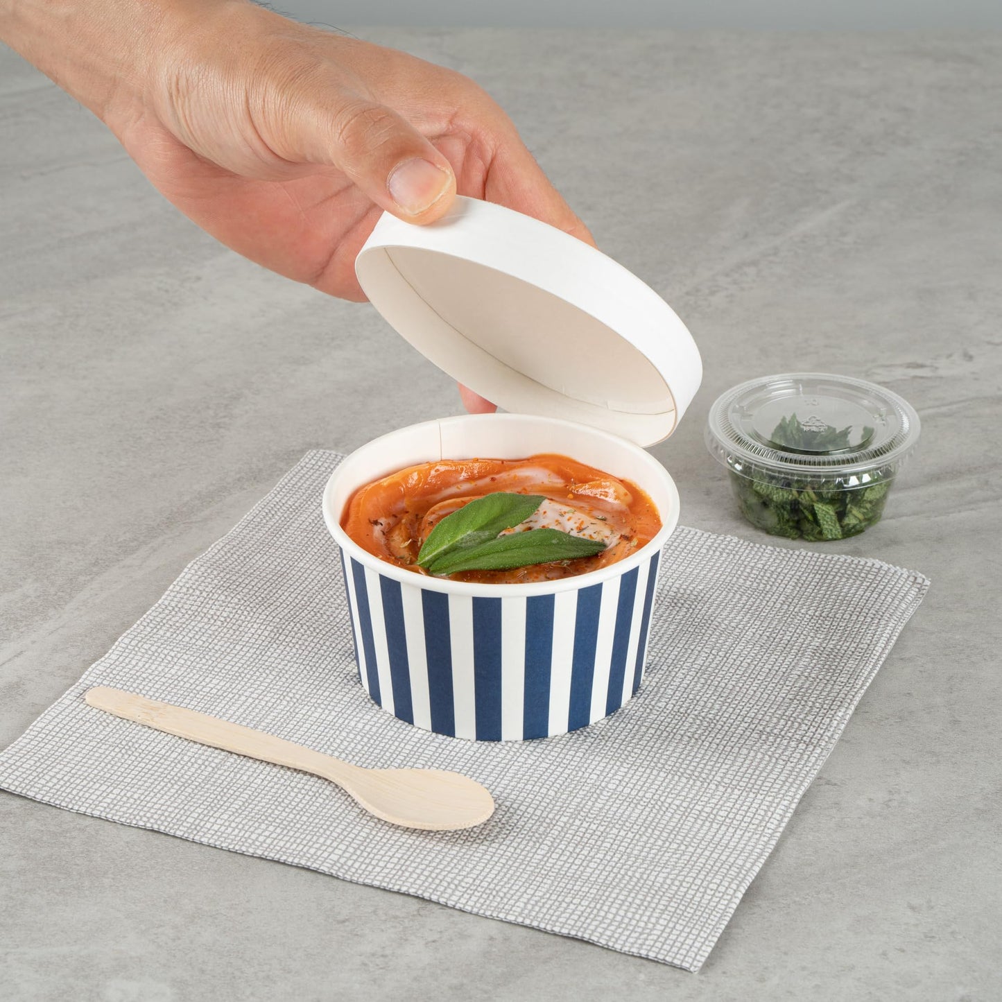 Restaurantware Coppetta 8 Ounce Dessert Cups, 200 Disposable Ice Cream Cups - Lids Sold Separately, Sturdy, Blue And White Paper FroYo Bowls, Striped, For Hot And Cold Foods, Perfect For Gelato