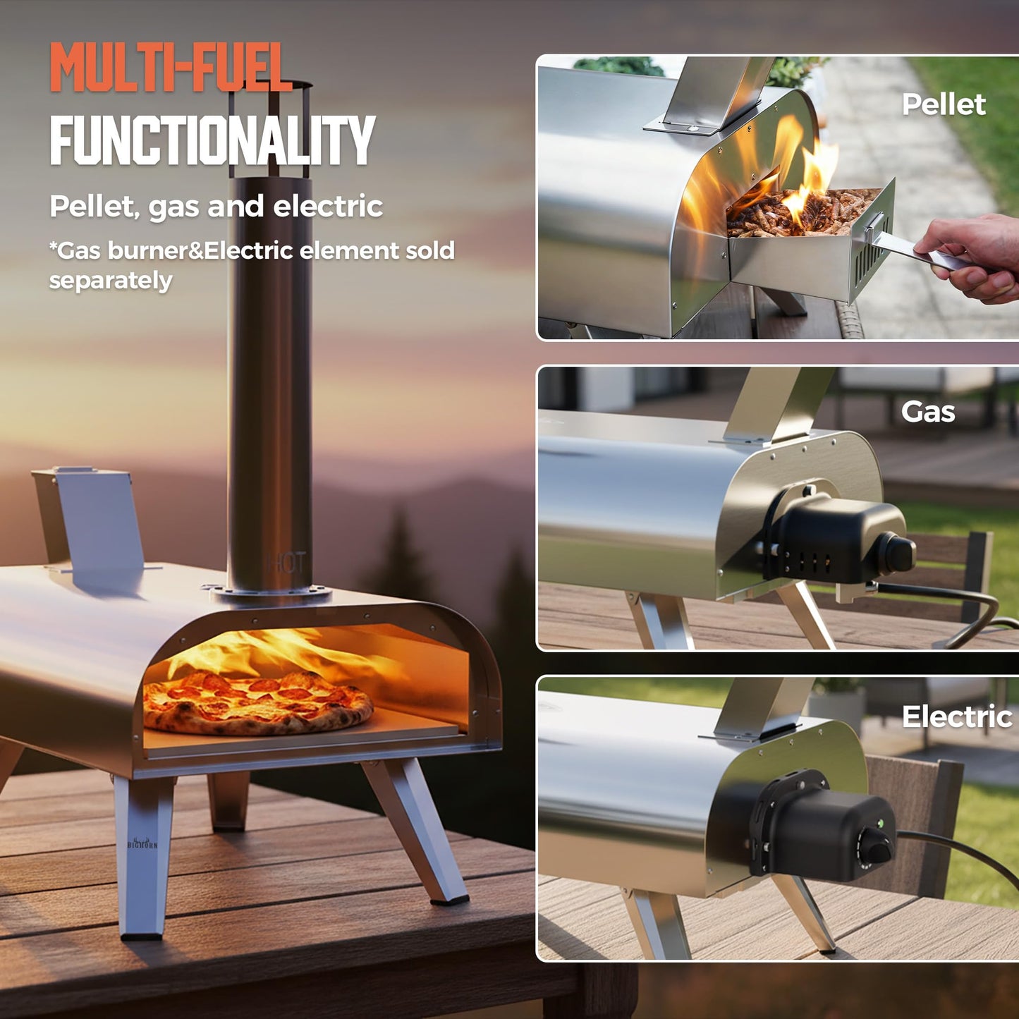 BIG HORN 12" Multi-Fuel Outdoor Pizza Oven Reach up to 1110℉– 3-in-1 Wood, Gas & Electric Compatible (Burners Sold Separately), Pellet Pizza Oven Portable Pizza Maker for Backyard, Camping&Tailgating