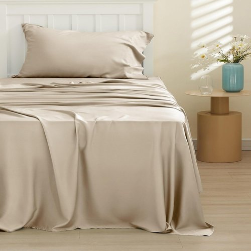 Bedsure Cooling Sheets - Twin Size, Breathable Rayon from Bamboo, Soft & Silky, Deep Pocket Up to 16 Inches, Beige