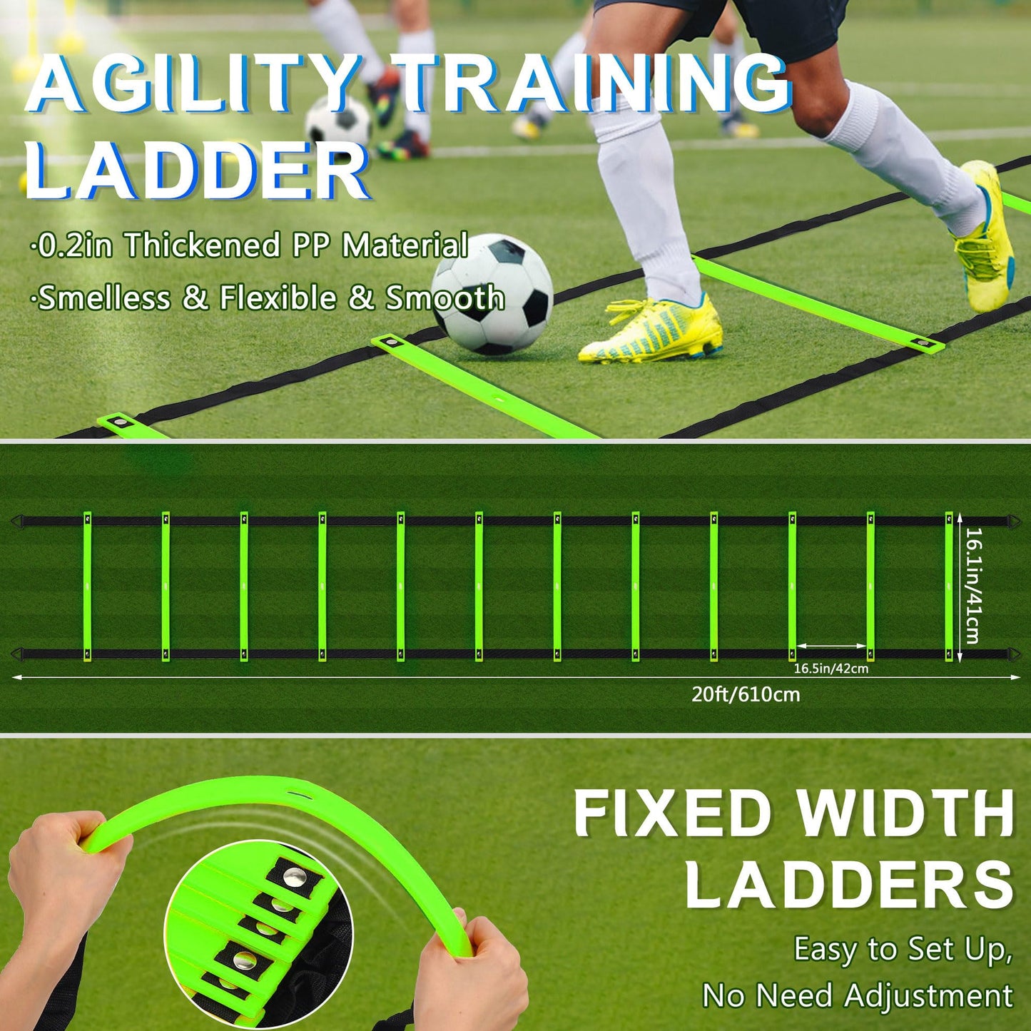 Camkinger Fixed Rung Agility Ladder, 20ft, 12 Rungs No Tangle Speed and Agility-Training Equipment for Soccer Footwork Coaching Ladders with Carrying Bag, Ground Stakes for Adults, Youth Kids, Green