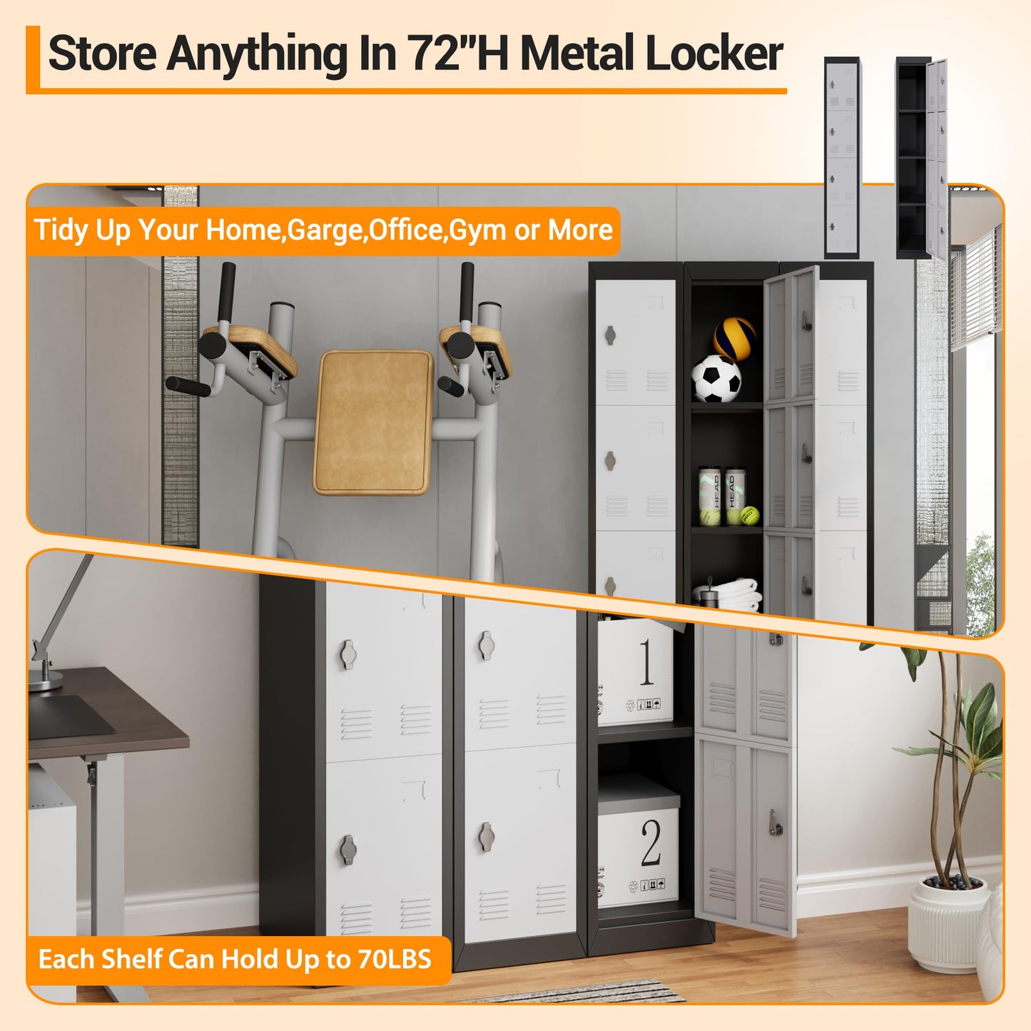 GarveeTech 72’’ Metal Storage Cabinet with 4 Door, Lockers for Employees Students with Shelves, Metal Storage Steel Locker for School Office Gym Home Warehouse, Assembly Required, Grey+Black