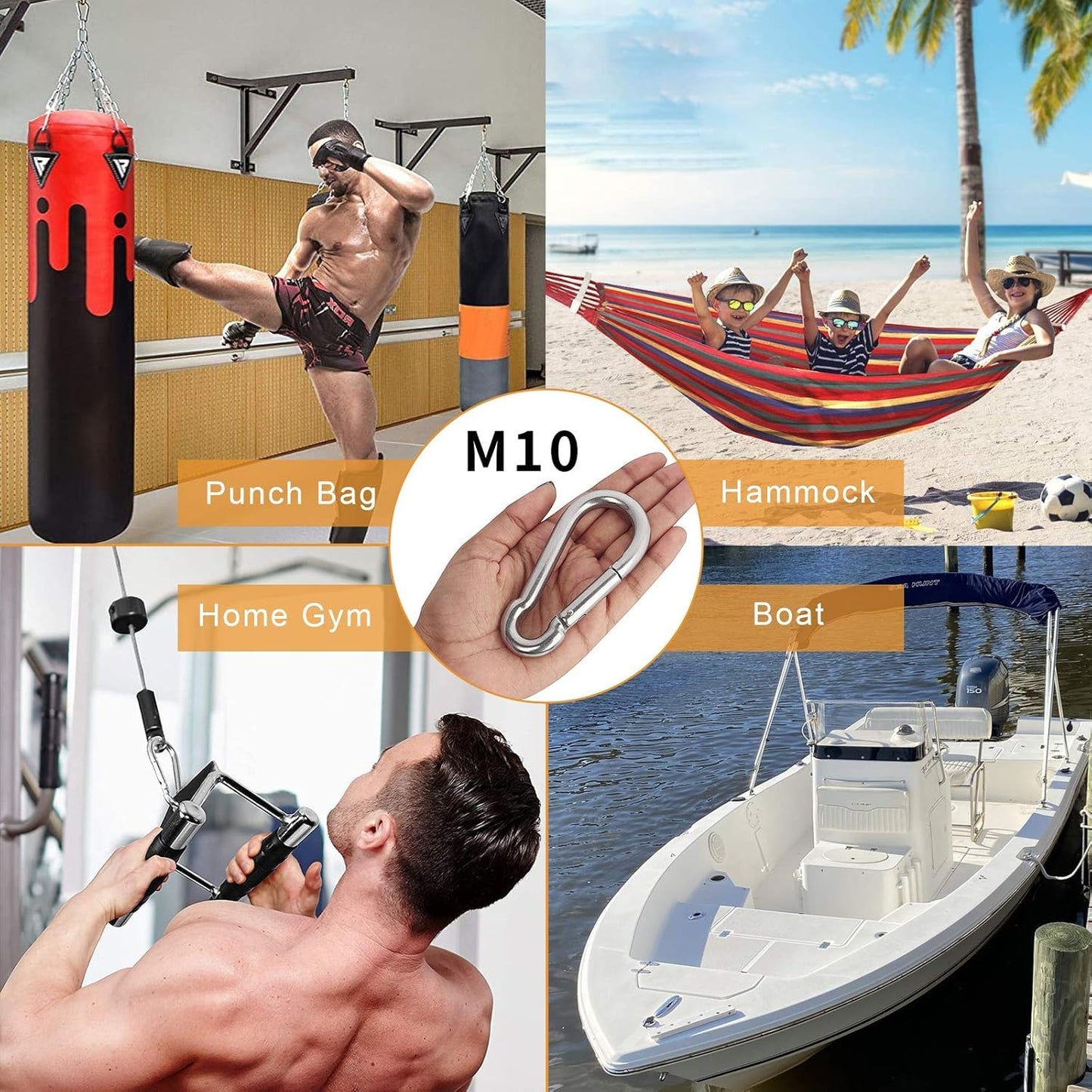 4 Pack 4 Inch Carabiner 304 Stainless Carabiner, M10 Heavy Duty Large Carabiner Clips Qiuck Link Spring Snap Hook Keychain Buckle Rope Connector for Indoor Outdoor Camping Hiking Swing Gym Hammock