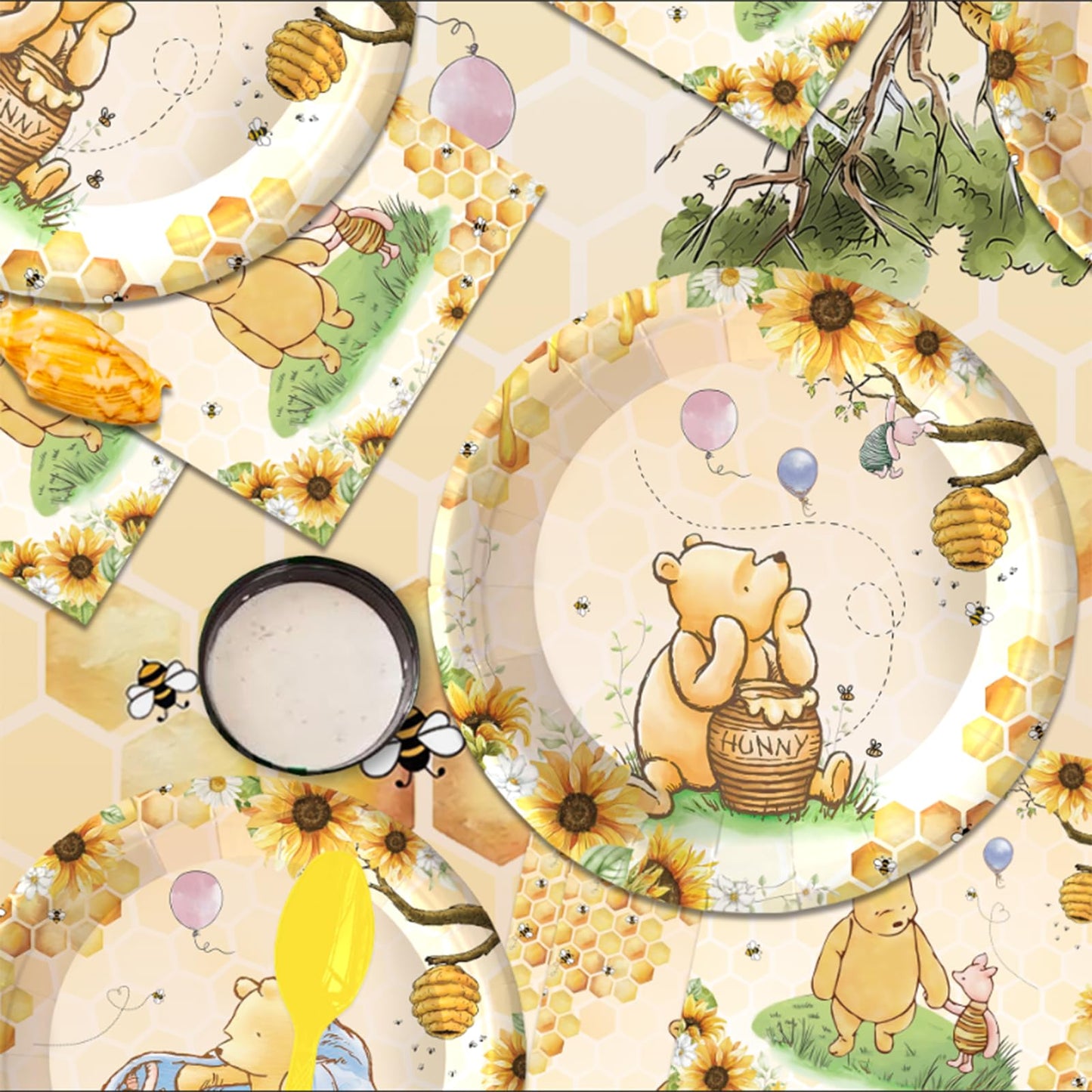 WISSLERMER 142pcs Classic Bear Baby Shower Decorations Baby Shower Party Tableware with Plates, Napkin, Forks, Cups Banner And Tablecloth for Birthday Party Supplies Set Serves 20 Guests (Yellow)