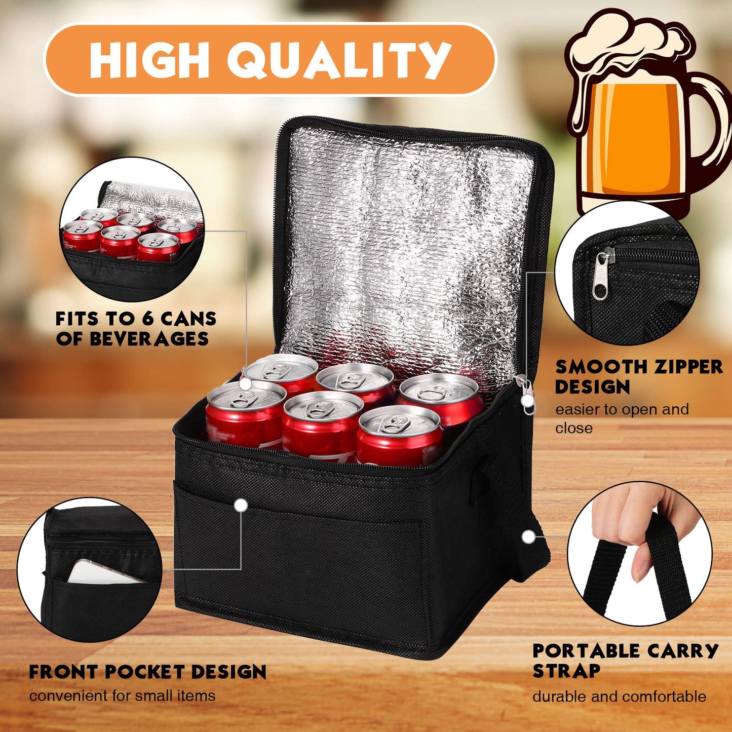 Nuogo 15 Pack Insulated Lunch Bags Bulk, Reusable Cooler Boxes, Leakproof Lunch Boxes Set, Waterproof Thermal Coolers, Insulated Beverage Bag for Women Men Work Picnic Beach(Black)