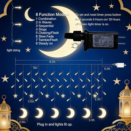 Dazzle Bright Ramadan Curtain String Lights - 138 LED Warm White Star & Moon Design | 8.2 FT Waterproof with Timer & 8 Modes