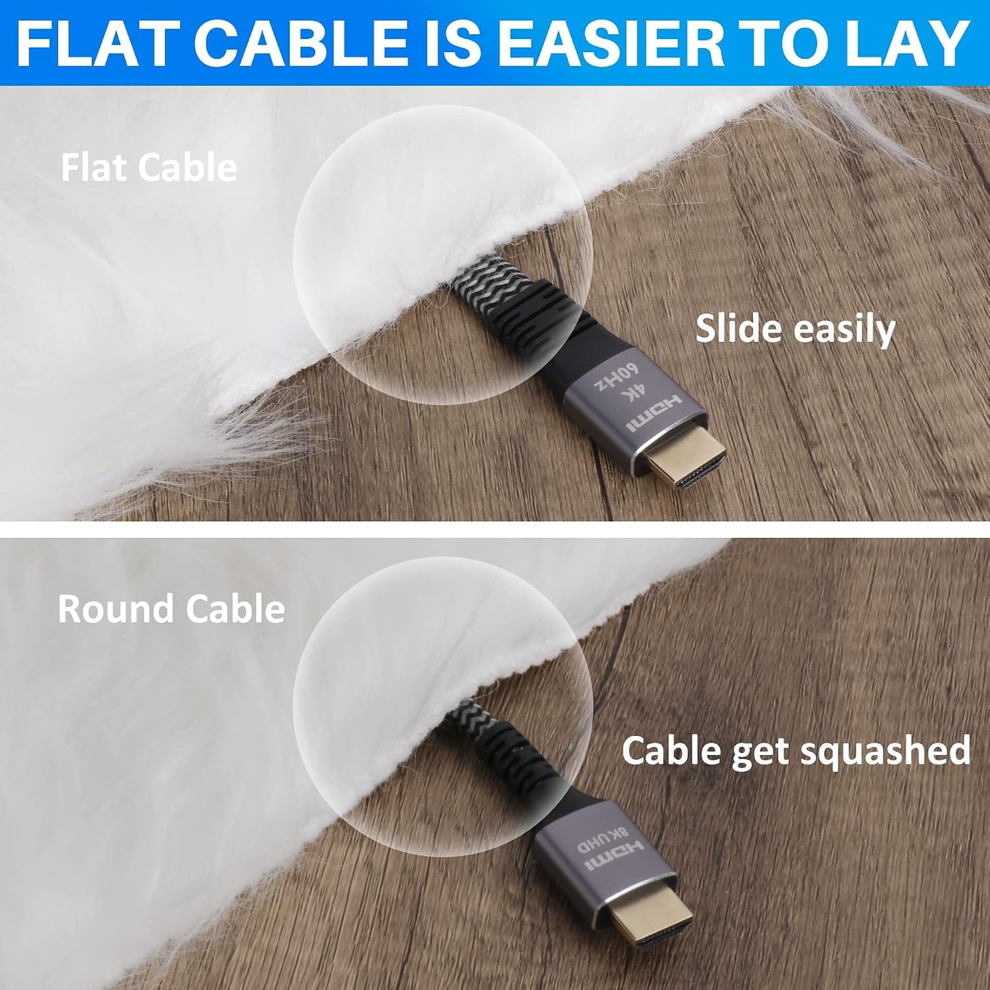 25 4K 4K@60Hz 2160p 1080p 2.2 3D 25 2 25FT Flat HDMI Cable Feet, HDMI High Speed Braided Cord, Pure Copper, Supports