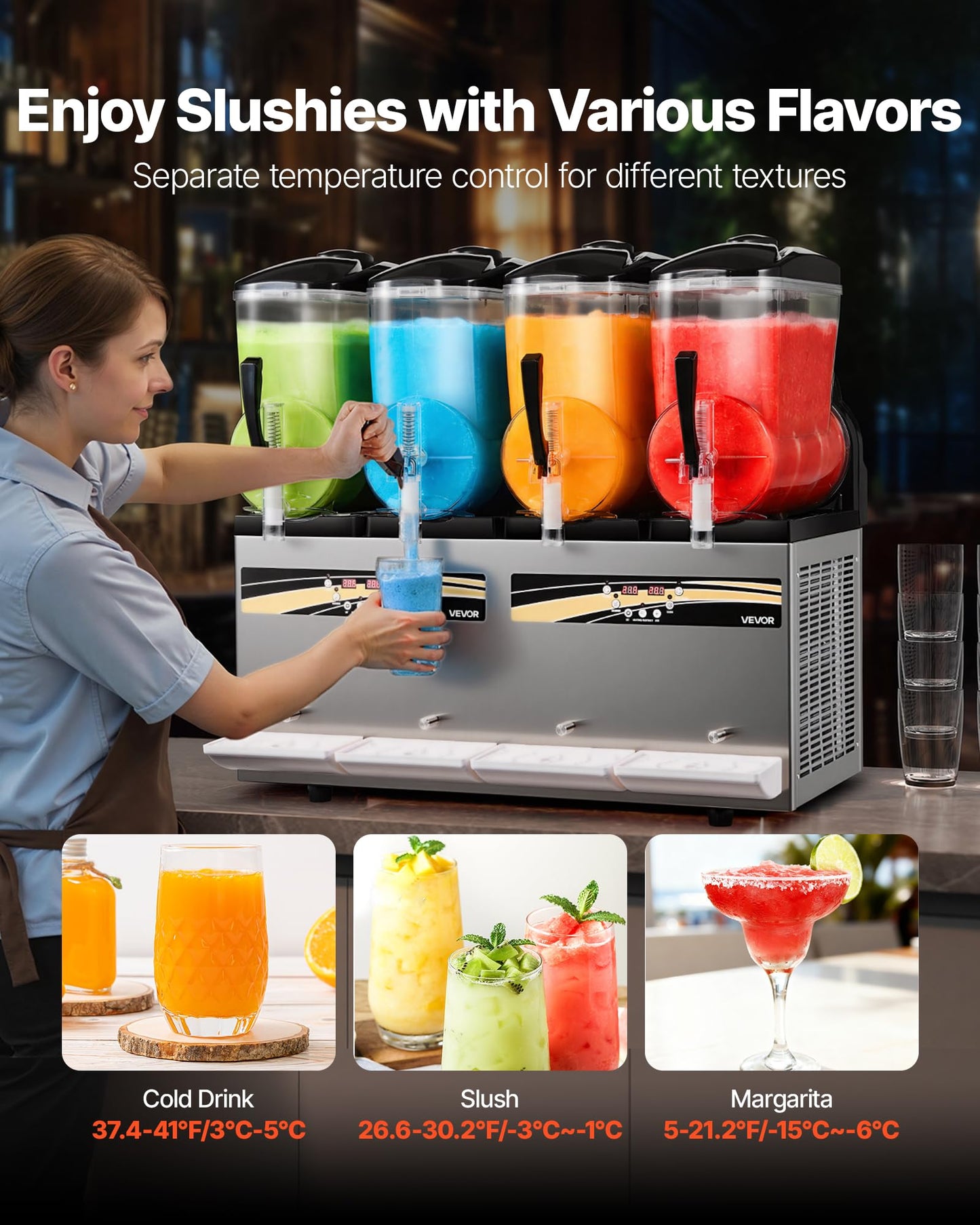 VEVOR Slushie Machine, 12L/3.17Gal x 4 Tank Commercial Slushy Maker, Frozen Drink Maker with Self-Cleaning, Margarita Machine for Restaurants Bars Party for Slushie, Margaritas, Milkshake & More