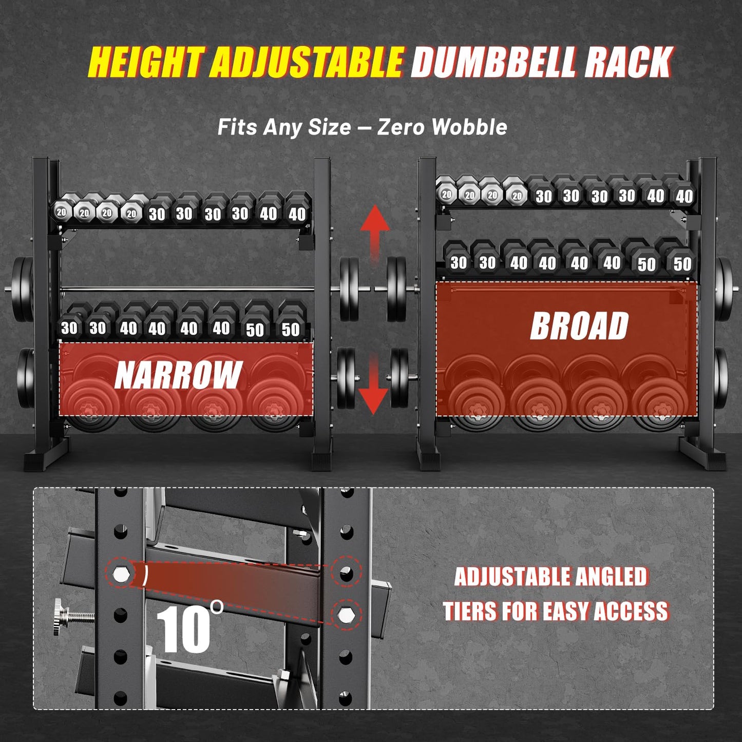 3-Tier Dumbbell Rack, 1300LB Capacity Adjustable Weight Rack for Home Gym, Heavy-Duty Weight Storage Rack for Dumbbells Kettlebells & Barbells (Rack Only)