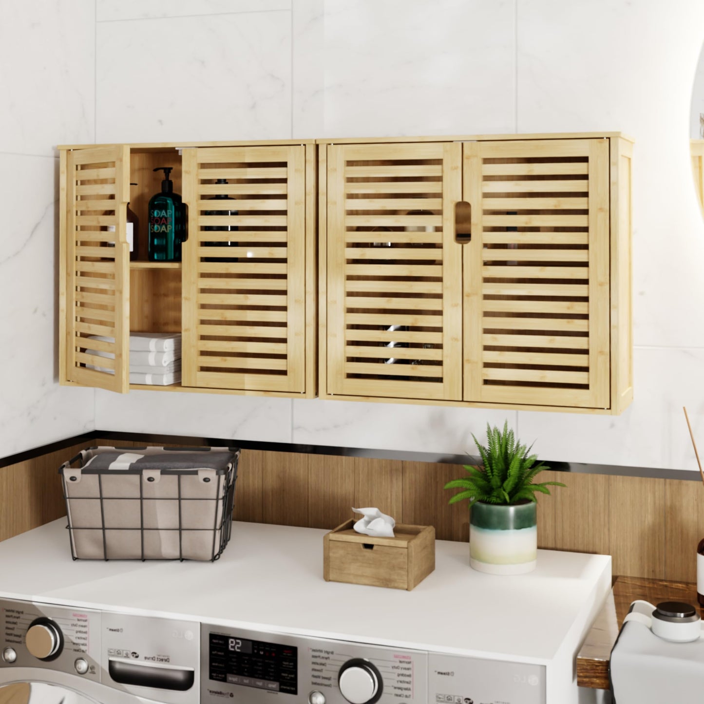 HITNET Bamboo Ladder Bookshelf and Bathroom Wall Cabinet, Over The Toilet Hanging Medicine Cabinet Floor Standing Leaning Shelf 4 Tier, Natural