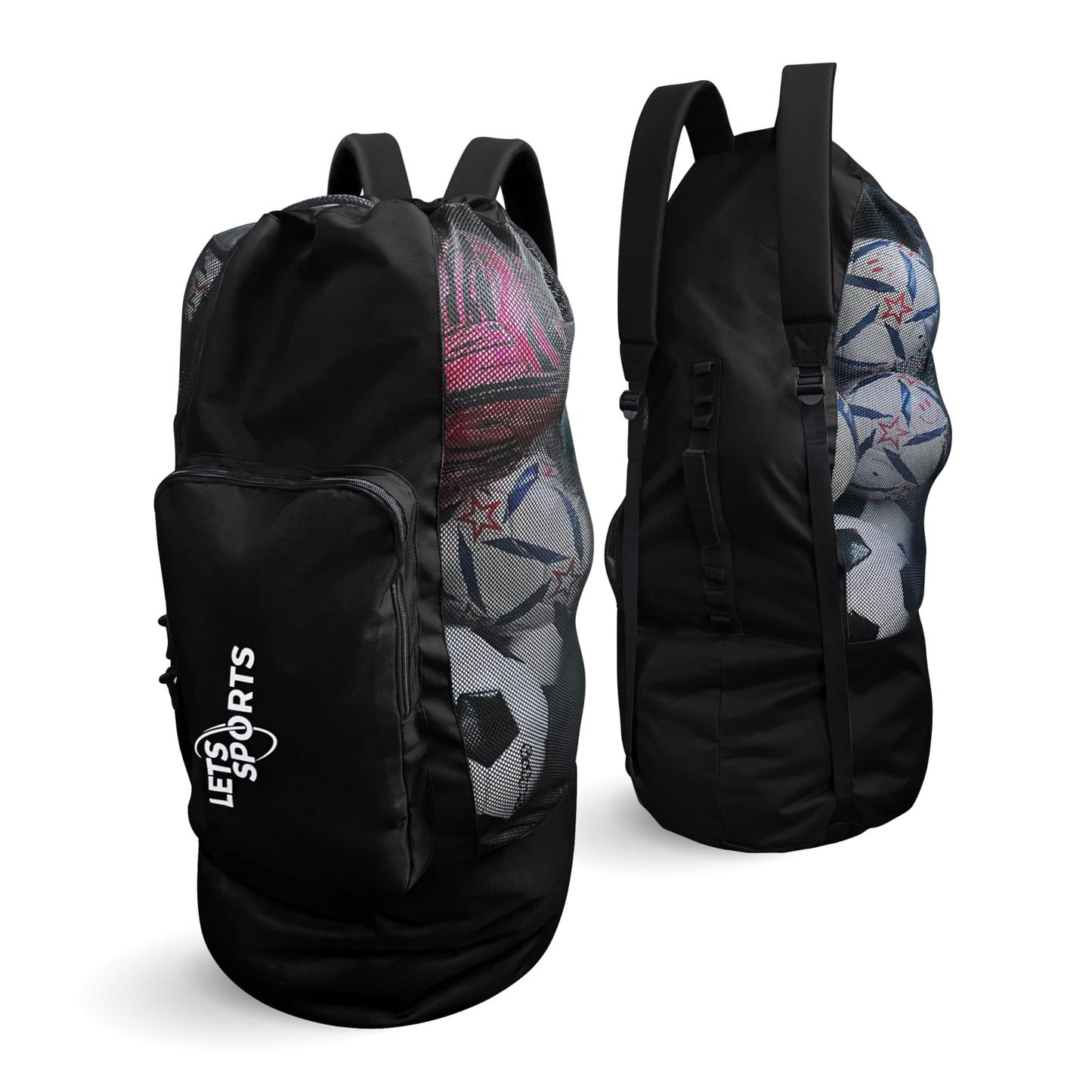 LETS Sports Soccer Ball Bag for Basketball, Volleyball & Football | Large Drawstring Ball Bags Mesh | Heavy-Duty Soccer Ball Bags for Coaches | Equipment Bag w/Shoulder Strap | 37" x 17" Black
