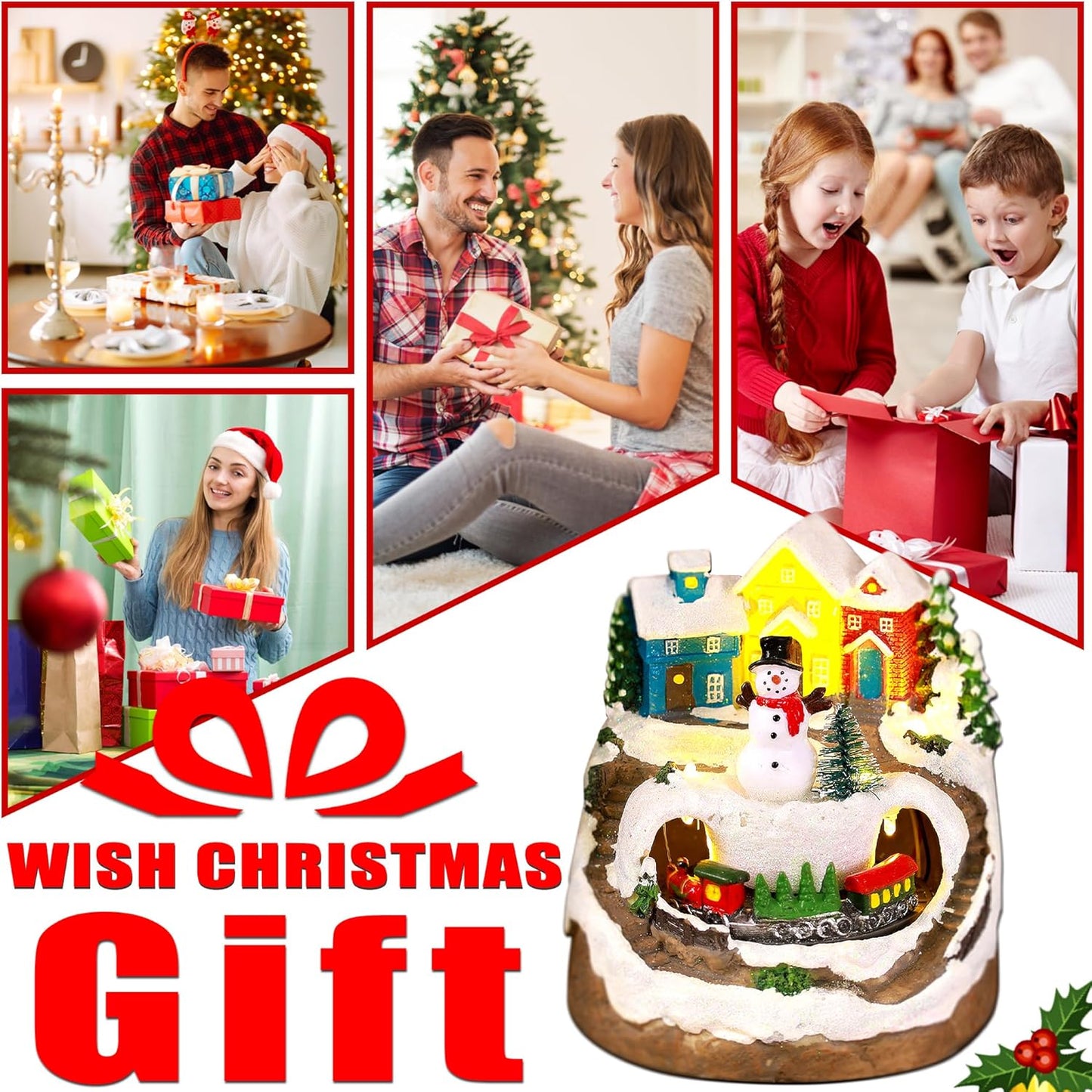 Skiennix Musical Resin Snowman Figurines - Spinning Train & LED Lights | Holiday Indoor Decor