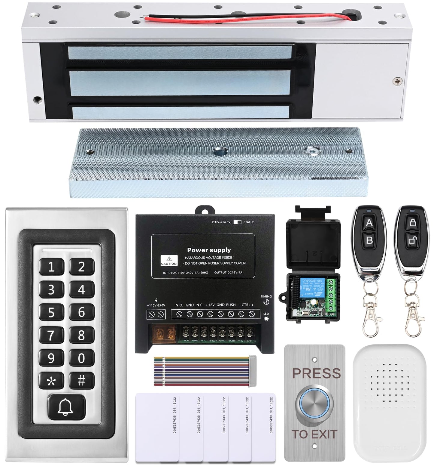 Access Control System Kit with Remote – 1200lbs Holding Force Fail-Safe Electromagnetic Lock, Metal Keypad, 12V Power Supply, Exit Button & Doorbell, Supports RFID, Password & Remote Access