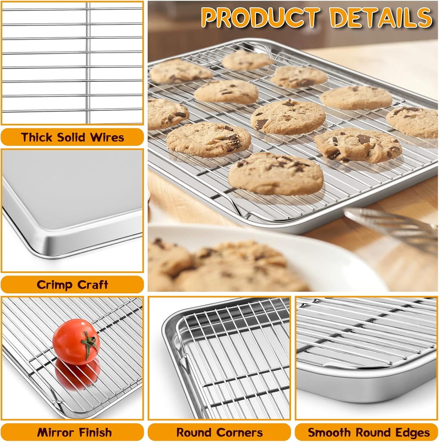P&P CHEF 17.5 Inch Stainless Steel Baking Sheet Set - 2 Pans & Racks for Cookies | Oven & Dishwasher Safe