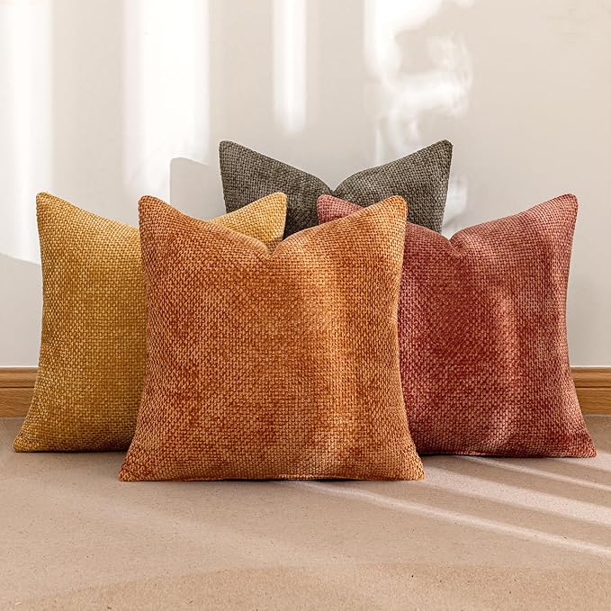 MIULEE Pack of 4 Orange/Yellow Couch Throw Pillow Covers 18x18 Inch Halloween Soft Decorative Chenille Pillows Farmhouse Accent Cushions for Boho Home Decor Spring Sofa Bedroom Living Room
