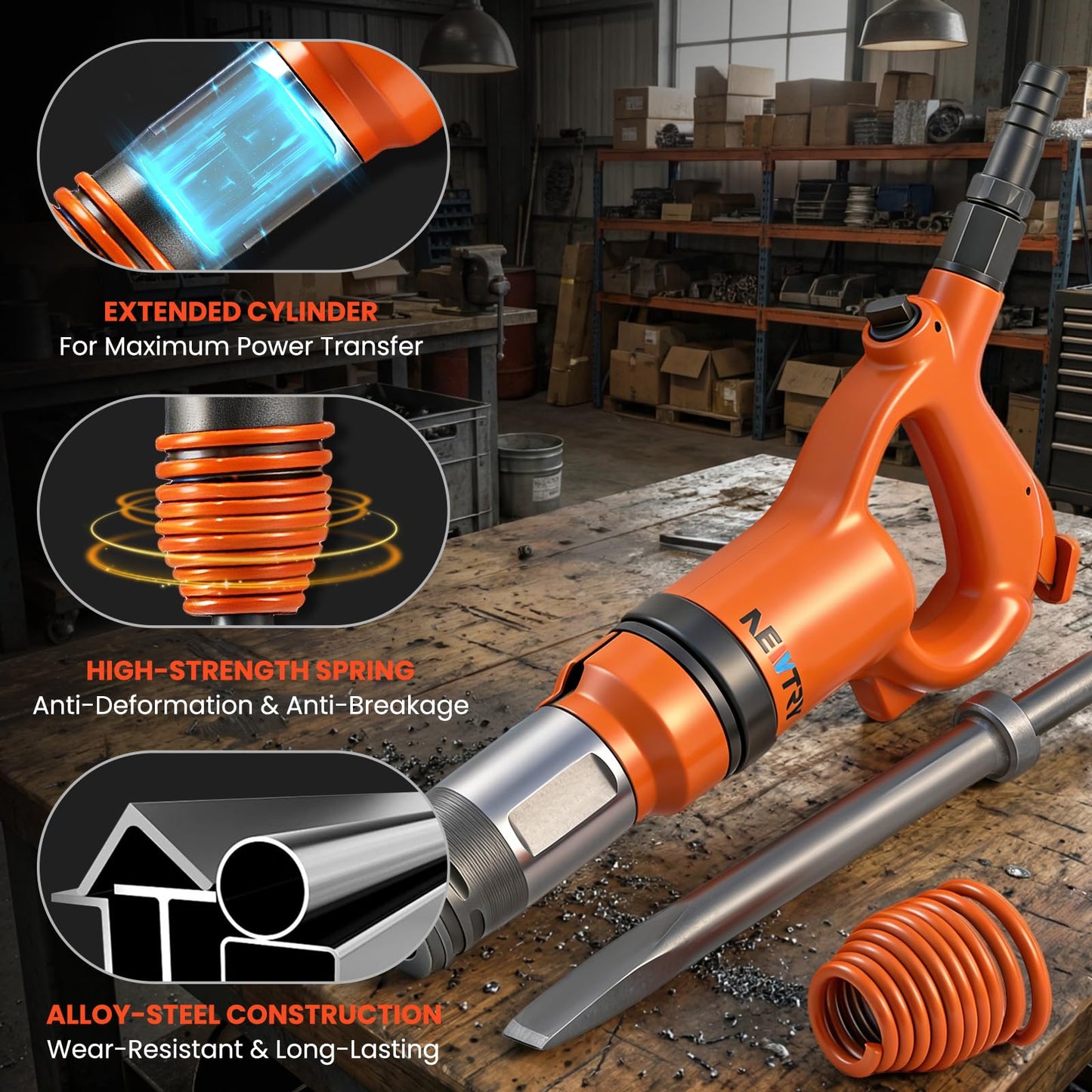 NEWTRY 21L/S Air Hammer 14J Pneumatic Hammer Shovel Heavy-Duty Air Chisel with 12” Hammer Chisel Attachment for Concrete Breaking & Rust Cleaning