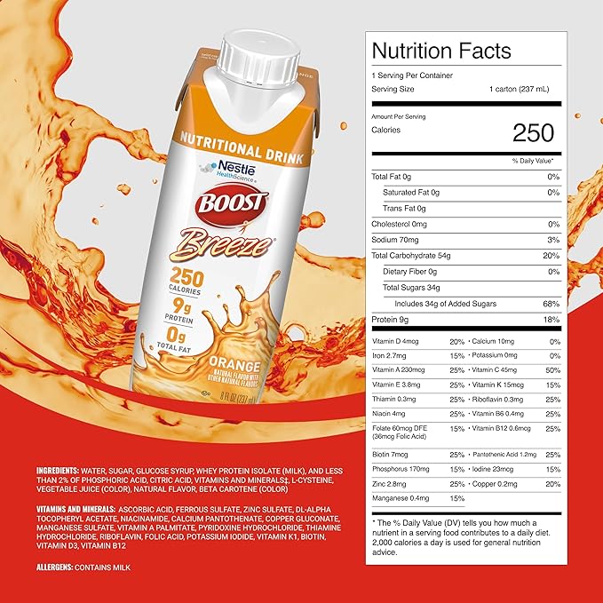 BOOST Breeze Clear Nutritional Drink - 250 Calories - 19 Vitamins & Minerals - 9 g Protein ??Fortified Clear Nutritional Drink with Vitamin A & Zinc - Orange Flavor - 8 fl oz (Pack of 24)