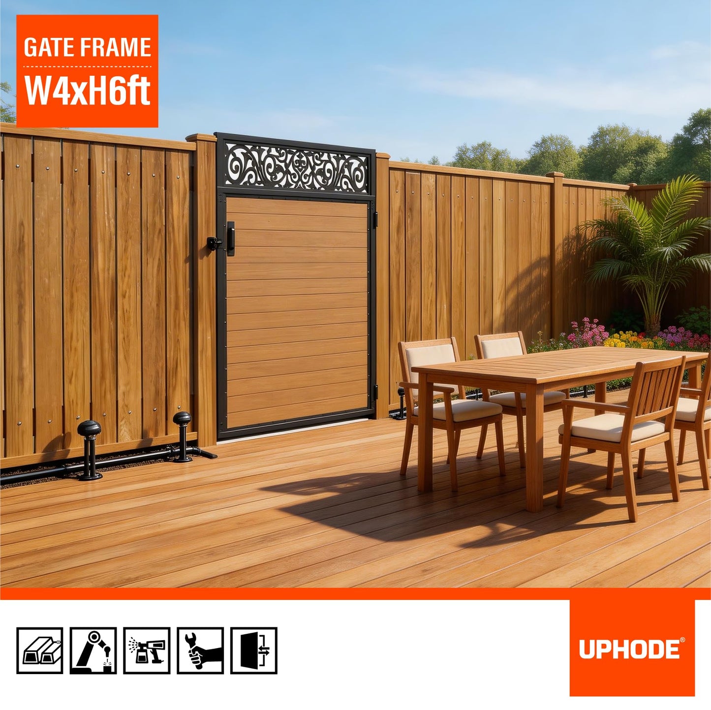 Uphode 4x6 FT(46.8" x 70.8") 201 Stainless Steel Fence Gate Kit Heavy Duty, Anti Sag Metal Fence Gate Frame Kit with Board, Morden Garden Gate Hardware Kit Outdoor (Left/Right Free-Installation)