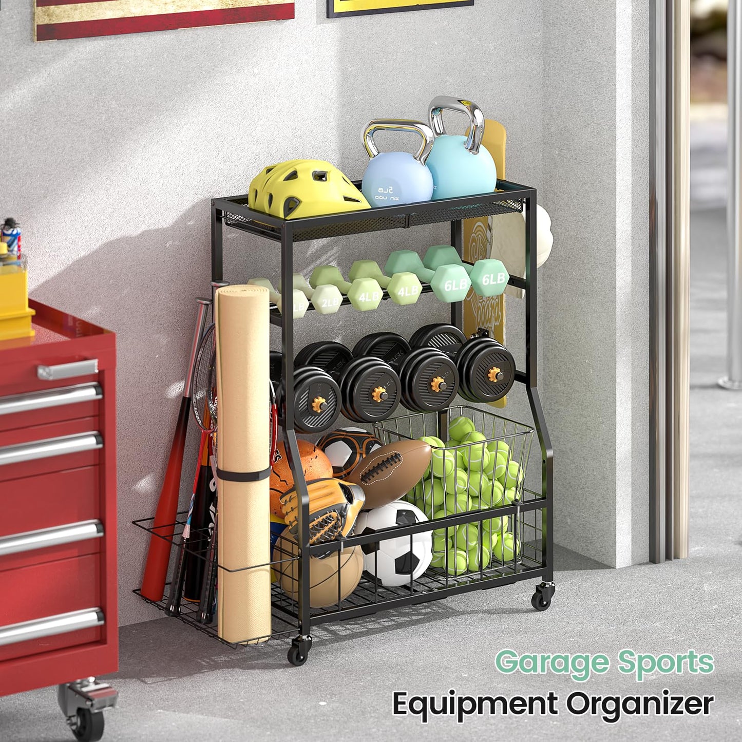 ThreeHio Home Gym Storage Rack, Dumbbell Rack with Yoga Mat Storage, Weight Rack Stand with Lockable Wheels and Hooks, Home Workout Equipment Organizer for Yoga Mate, Dumbbell, Kettlebells, Ball Storage