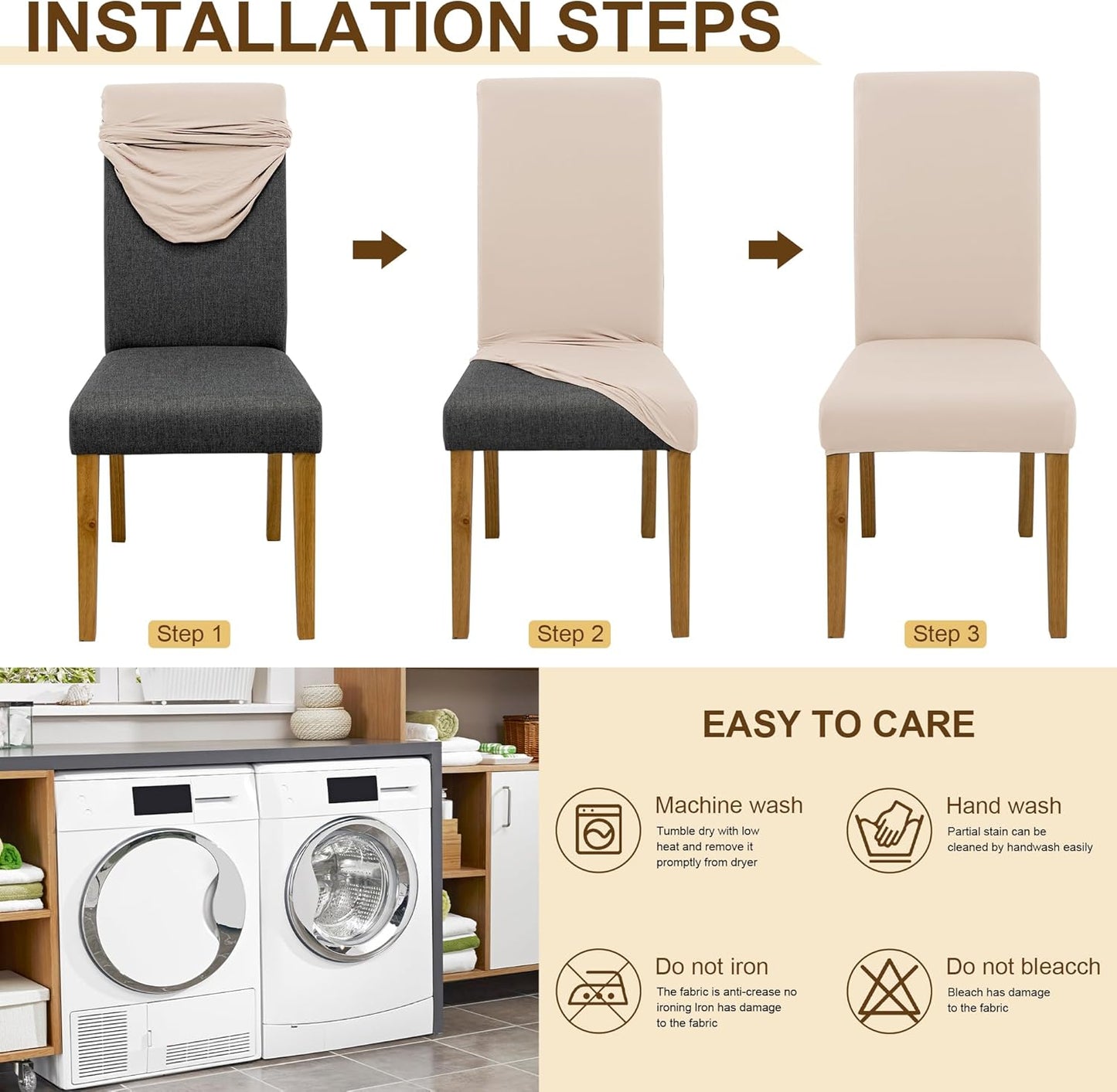 Regine Switzerland Dining Chair Covers - Set of 6 Stretch Washable Slipcovers | Beige for Home & Restaurant