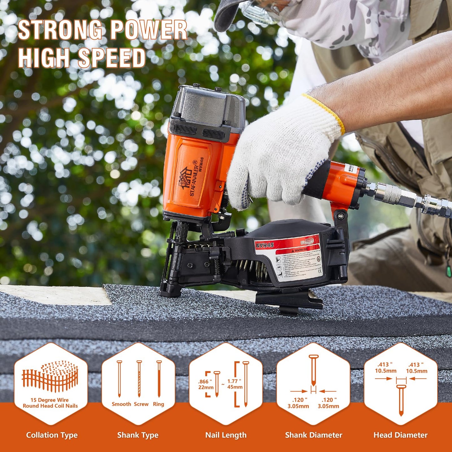 Stafanailer NVH45 Roofing Nail Gun, 15 Degree Pneumatic Pistola De Roofing, 7/8" to 1-3/4" Nails Compatibility, 3/8 NPT Air Connector, 120-Pcs Load Capacity for Roofing Constructions (Org-Blk Ver)