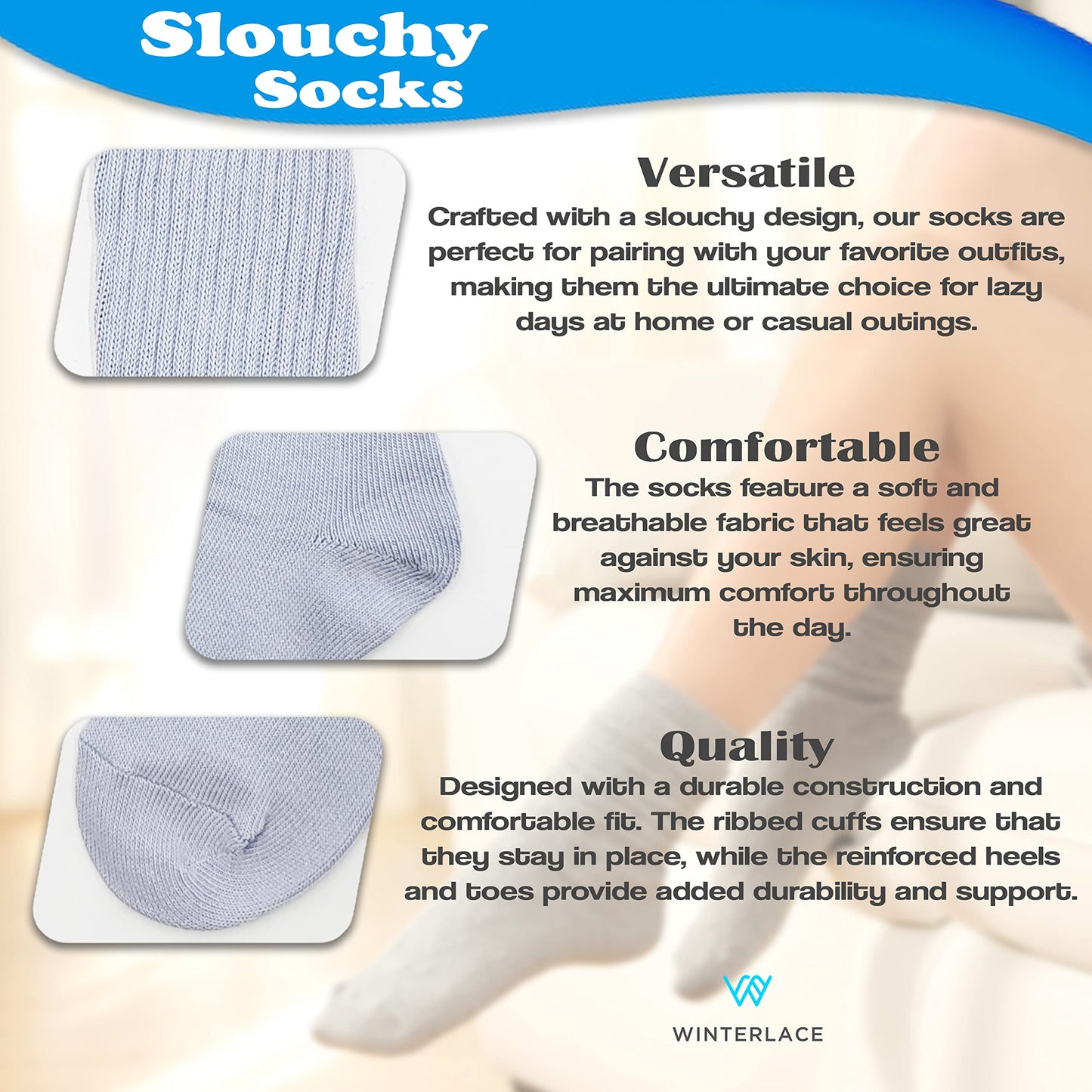Winterlace 6 Pairs Slouch Socks for Women, Heavy Extra Long Cotton Scrunch Crew Sock, Bulk pack (White)