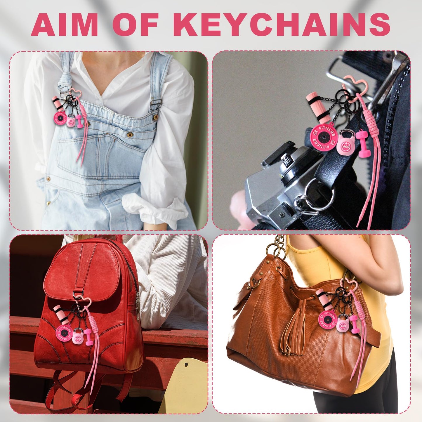 Sinbana Gym Keychain, 5 Styles Pink Dumbbell Kettlebell Barbell Plate Yoga Mat Design Gym Keychain Gift Motivational Fitness Accessories for Men Women Sports Lovers Trainer Friends Family