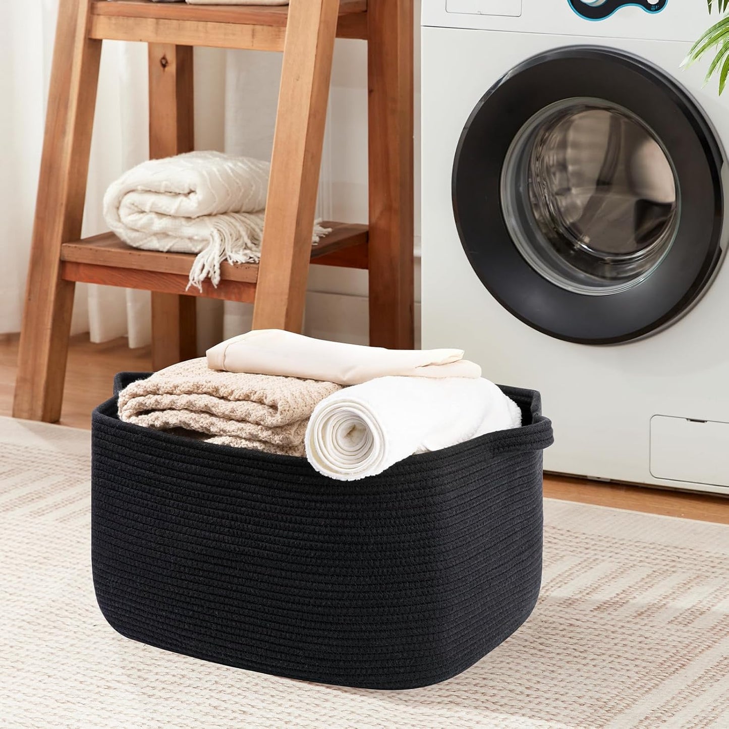 OIASKET Large Black Blanket Basket - Stylish Woven Storage for Toys, Towels & Laundry