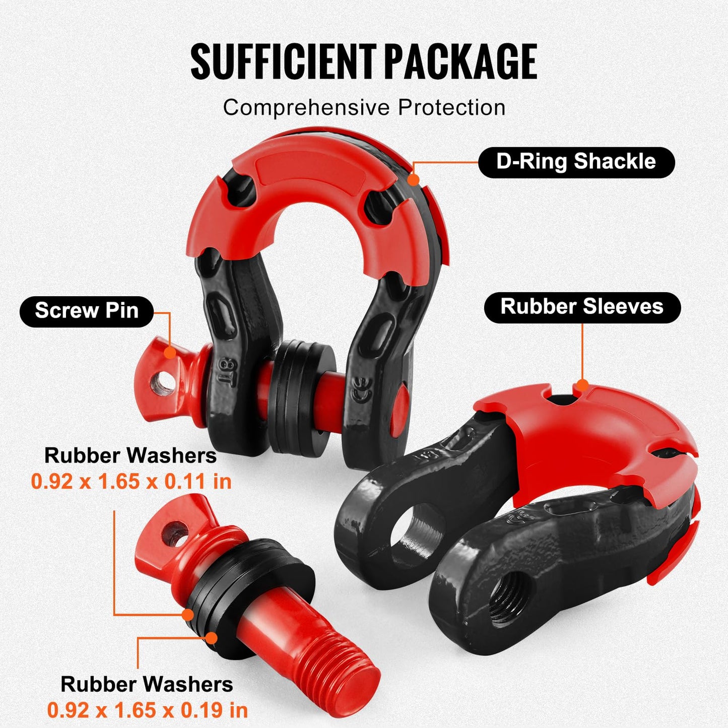 VEVOR 3/4" D Ring Shackle, Black Shackles for Truck with 7/8” Screw Pin 66139 lbs (30 Ton) Break Strength Red Isolator Washers Kit, Winch Towing Shackle for Truck Jeep Heavy Duty Off Road Recovery