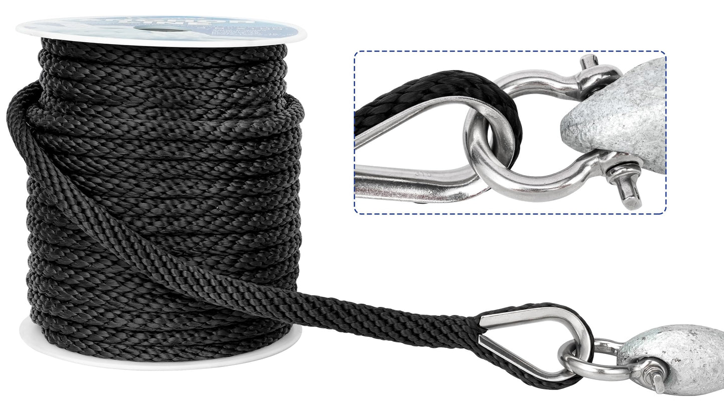 MARINE SYSTEM Made 3/8 Inch 100FT 150FT Premium Solid Braid MFP Anchor Line Braided Anchor Rope/Line with Stainless Steel Thimble and Shackle (3/8" x 100')