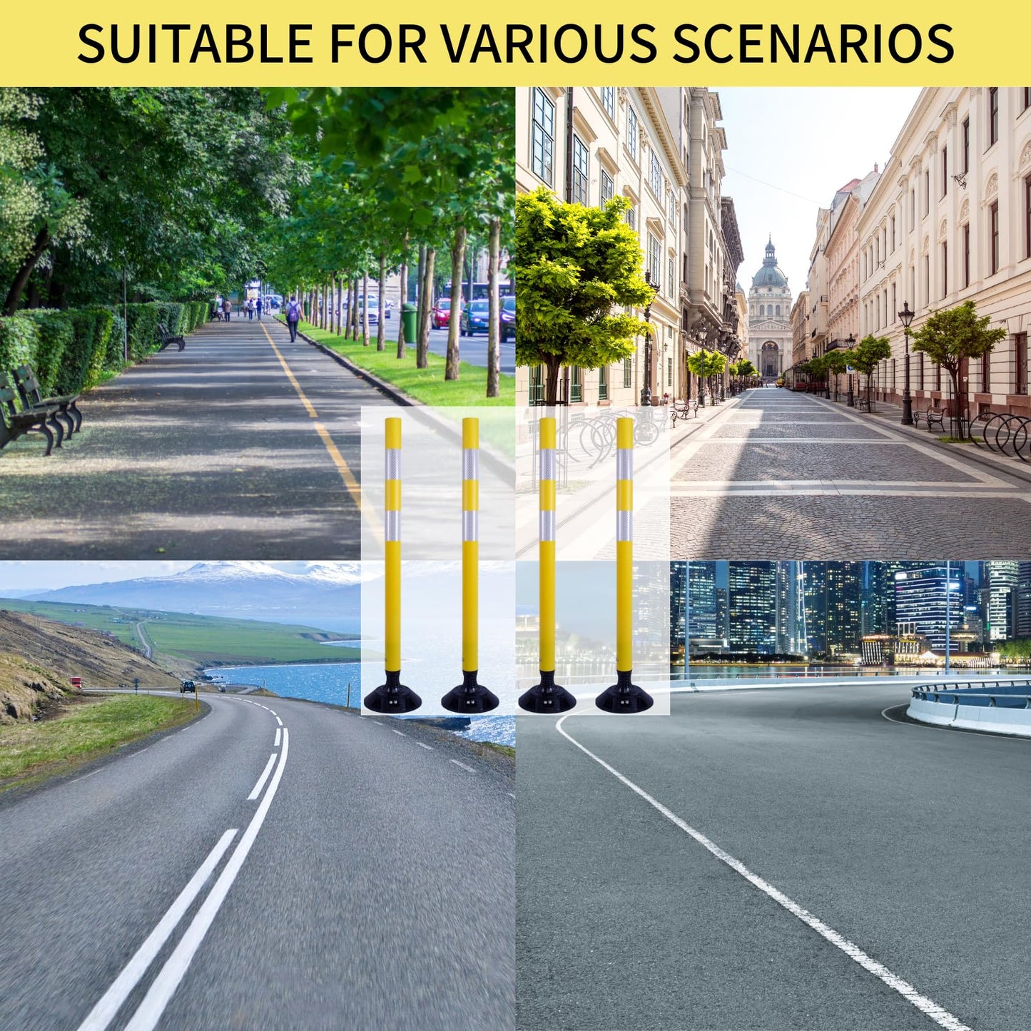 8 Pack Traffic Delineator Posts – High Visibility Reflective Safety Cones with Spring Base for Roadway, Parking, Garage, Construction Zones (Yellow, 36 Inch)