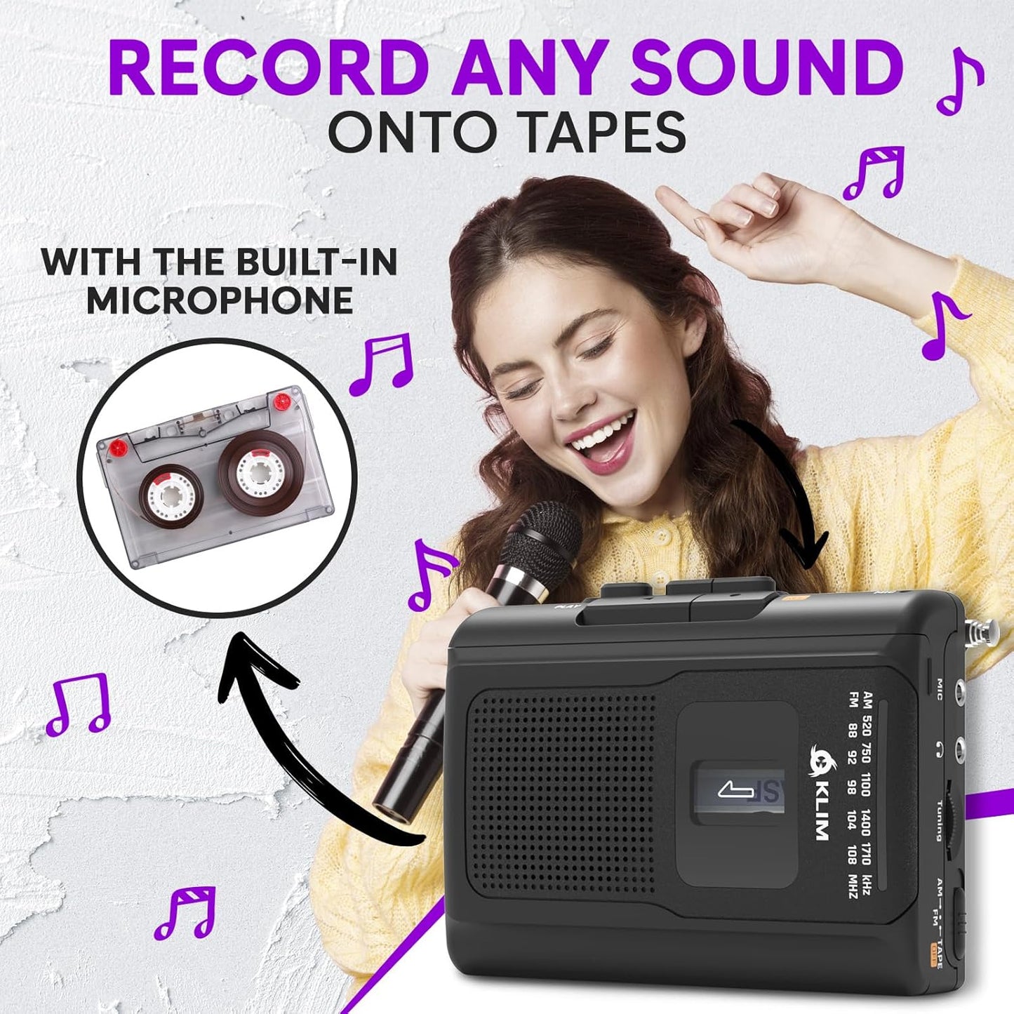KLIM K8 Cassette Cassette Cassette Tape Player Portable + Recorder + NEW + AM/FM Walkman Player + Built-in Microphone