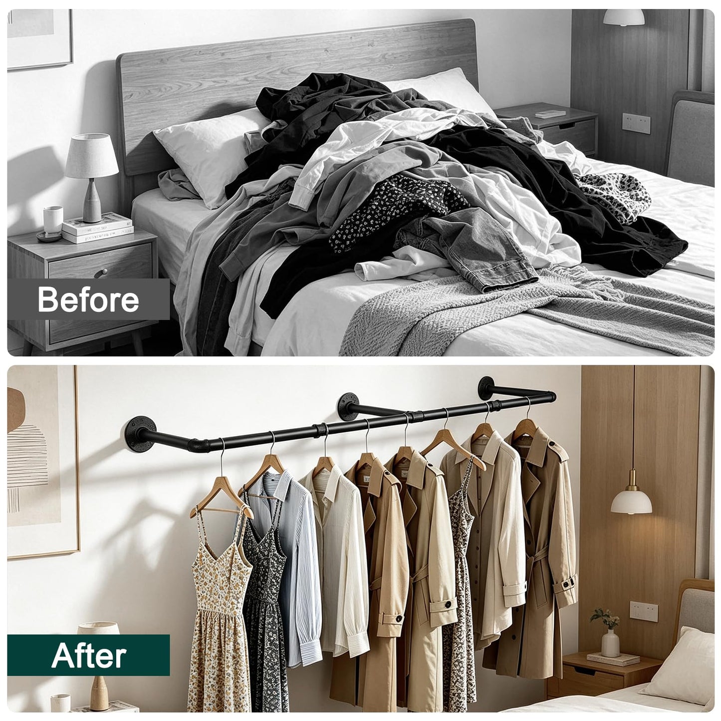 BathAce Industrial Pipe Clothes Rack, 50" Wall Mounted Iron Garment Rack, Heavy Duty Space-Saving Clothing Bar, Multi-Purpose Hanging Rod for Bedroom, Laundry Room and Closet Storage, Black