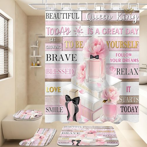AZHM Shower Curtain Set - Pink Floral Design with Inspirational Quotes | 4-Piece Bathroom Decor