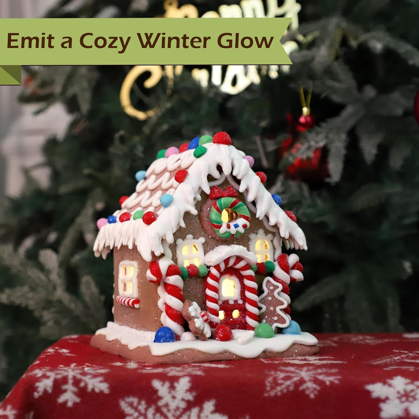 Skiennix Gingerbread House Decoration - Battery-Operated Light-Up Christmas Village Figurine | Handmade (Style 2)