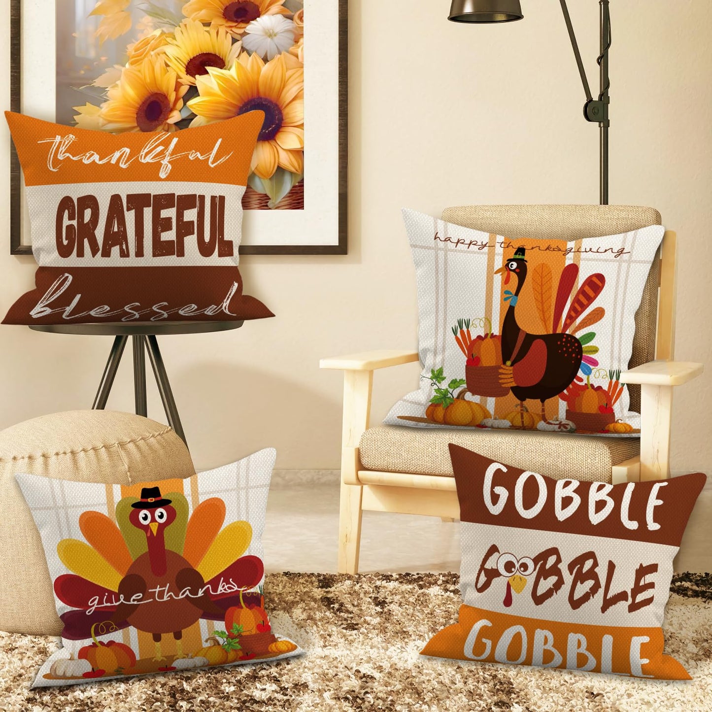 MEHOFOND Thanksgiving Pillow Covers 18x18 Set of 4, Fall Throw Pillow Covers Turkey Pumpkin Orange Farmhouse Home Decor Pillowcase Give Thanks Cushion Case for Sofa Couch